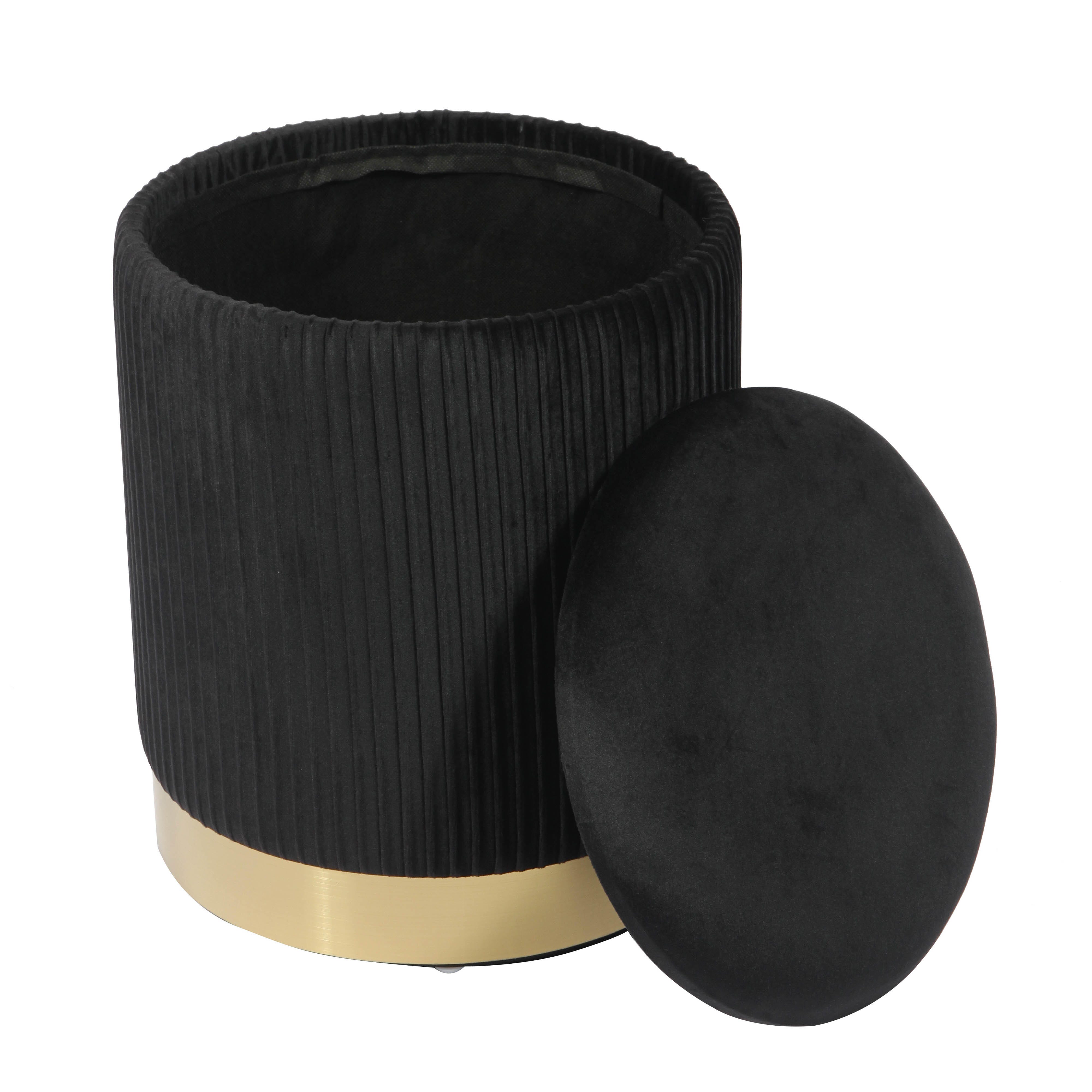 TOV Zoe Black Velvet Storage Ottoman, Black, large