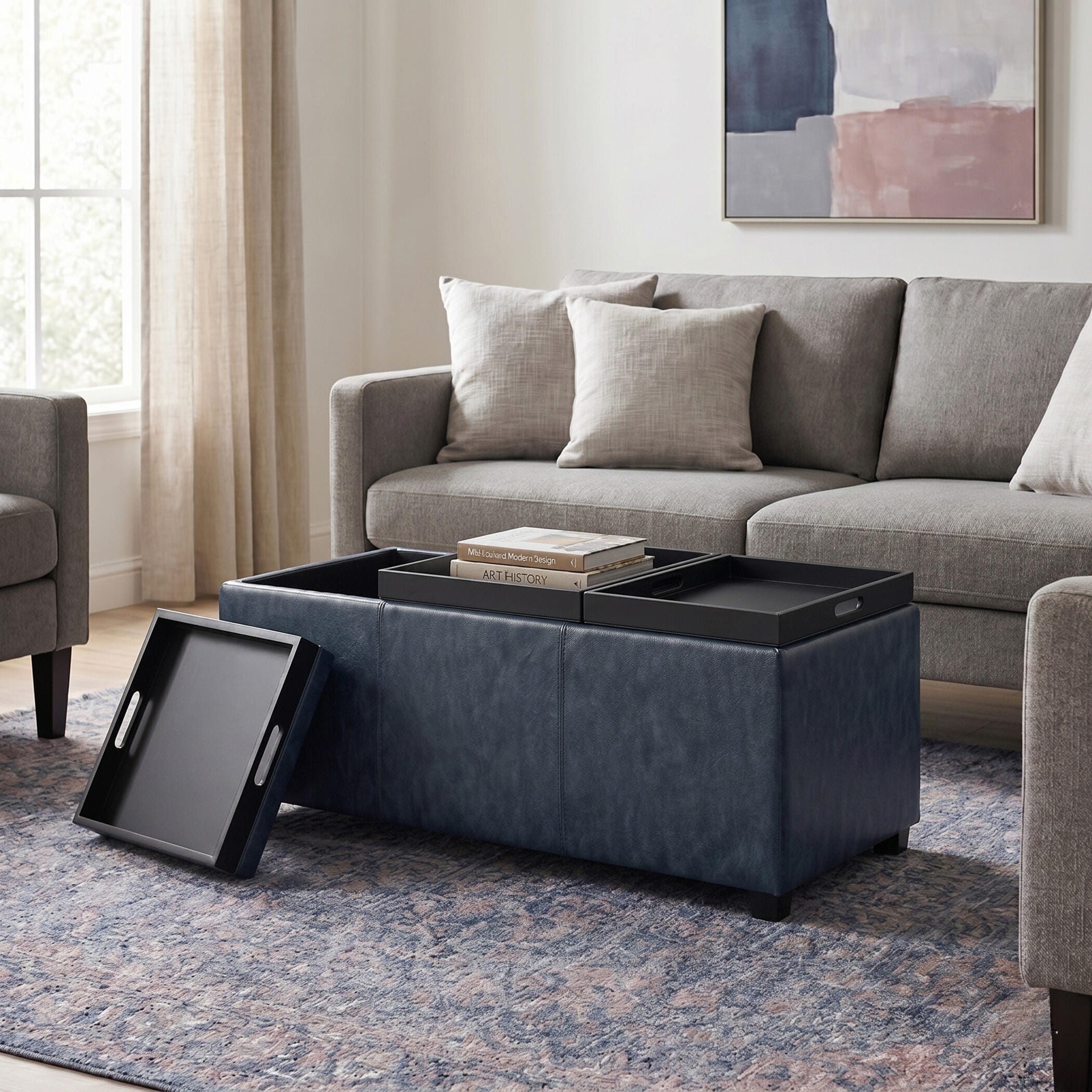 Simpli Home Avalon 42" Wide Contemporary Rectangle Storage Ottoman, Blue, large