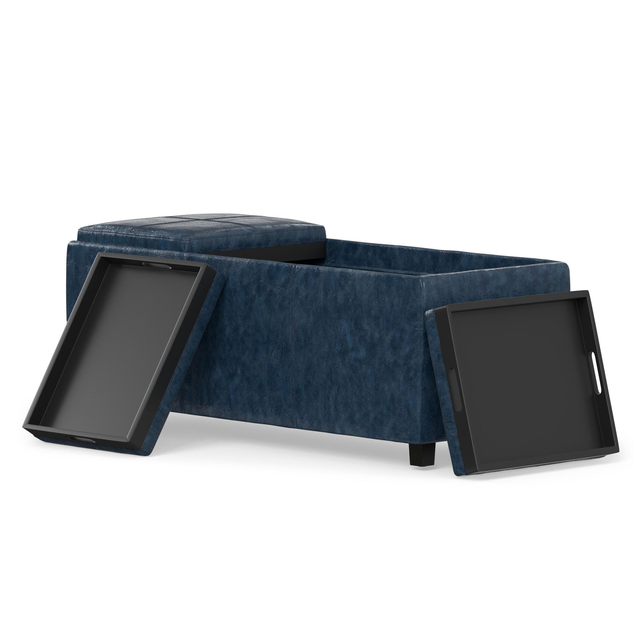 Simpli Home Avalon 42" Wide Contemporary Rectangle Storage Ottoman, Blue, large