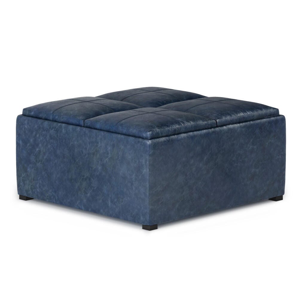 Simpli Home Avalon 35" Wide Contemporary Square Coffee Table Storage Ottoman, Blue, large