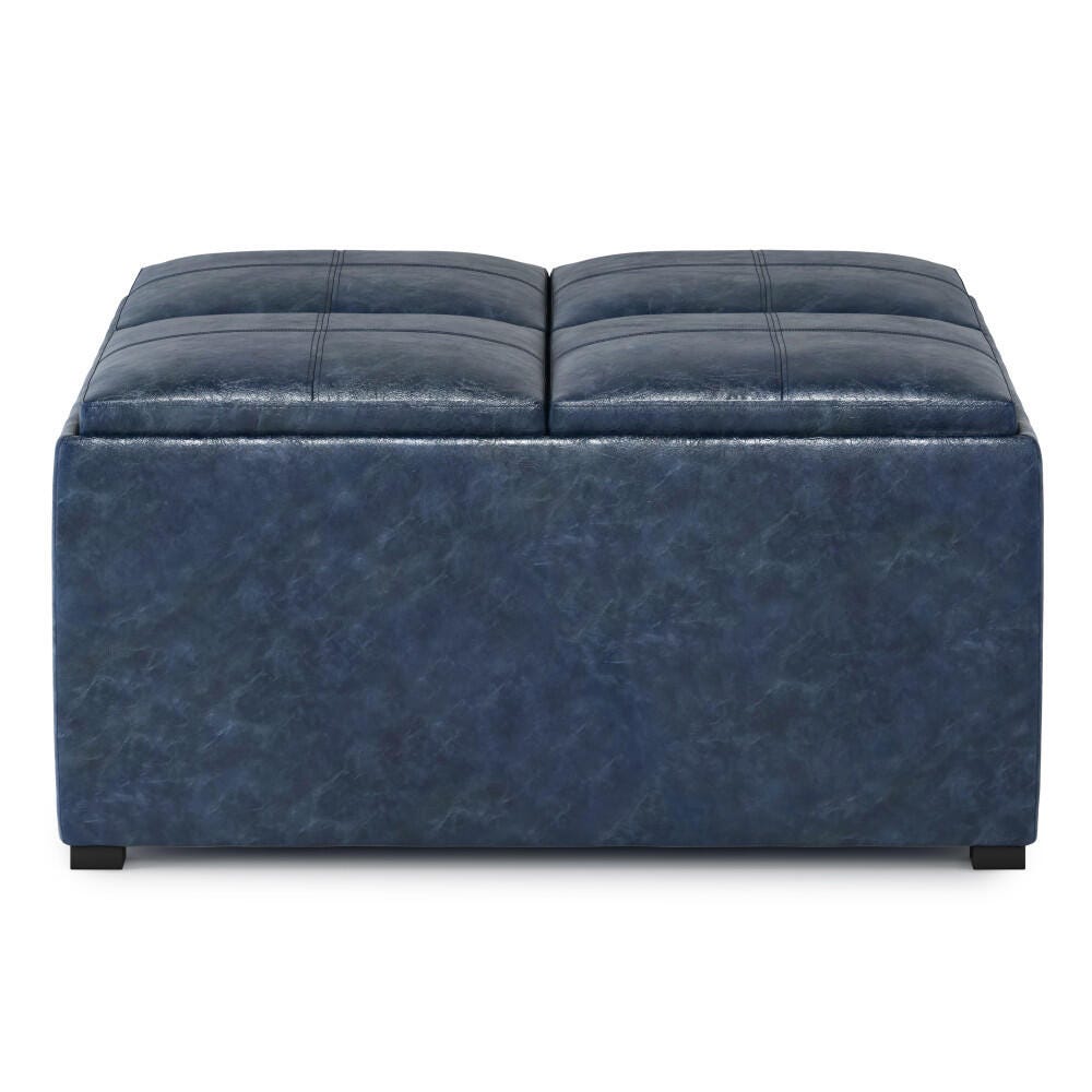 Simpli Home Avalon 35" Wide Contemporary Square Coffee Table Storage Ottoman, Blue, large