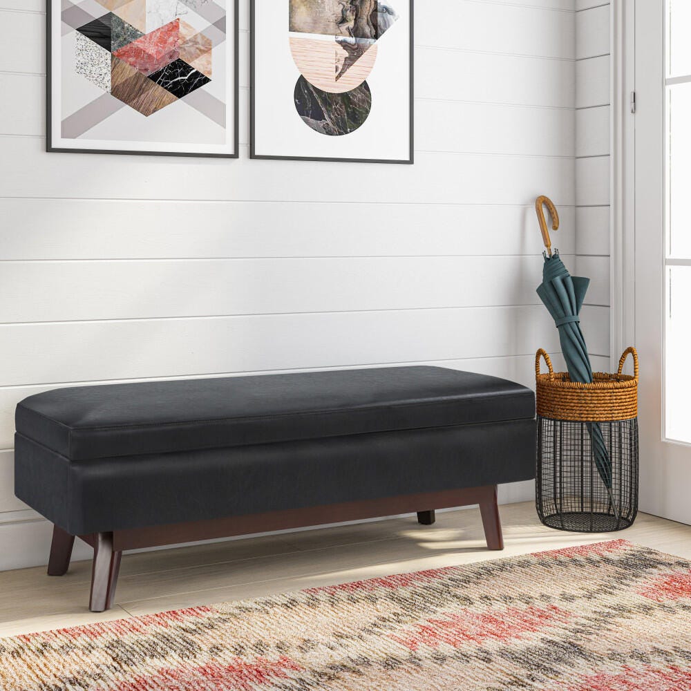 Simpli Home Owen 48" Wide Mid Century Modern Rectangle Rectangular Storage Ottoman, Black, rollover