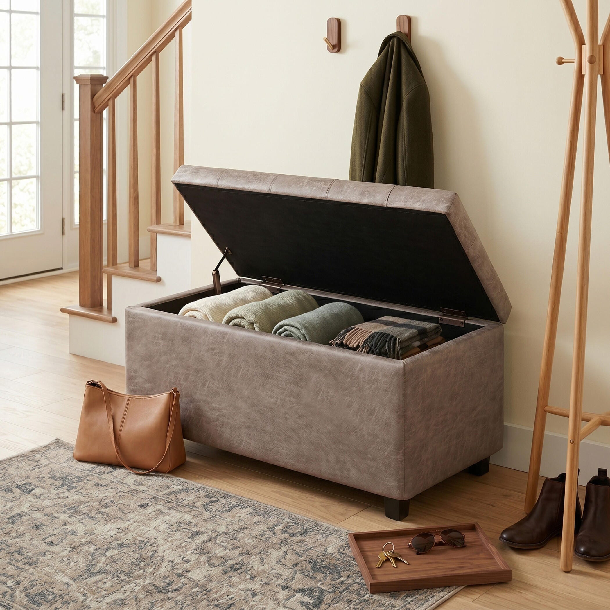 Simpli Home Cosmopolitan 34" Wide Contemporary Rectangle Storage Ottoman, Gray, large