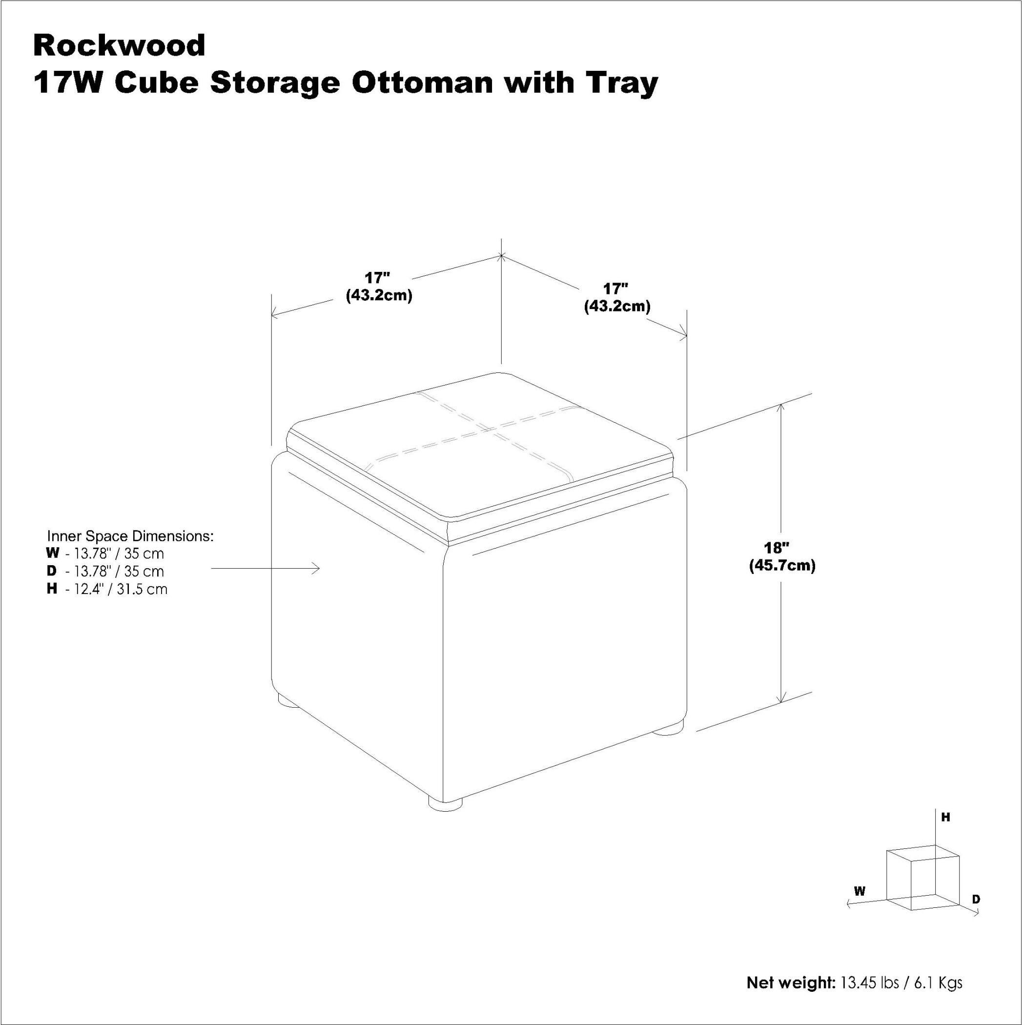 Simpli Home Rockwood 17" Square Storage Ottoman, Gray, large