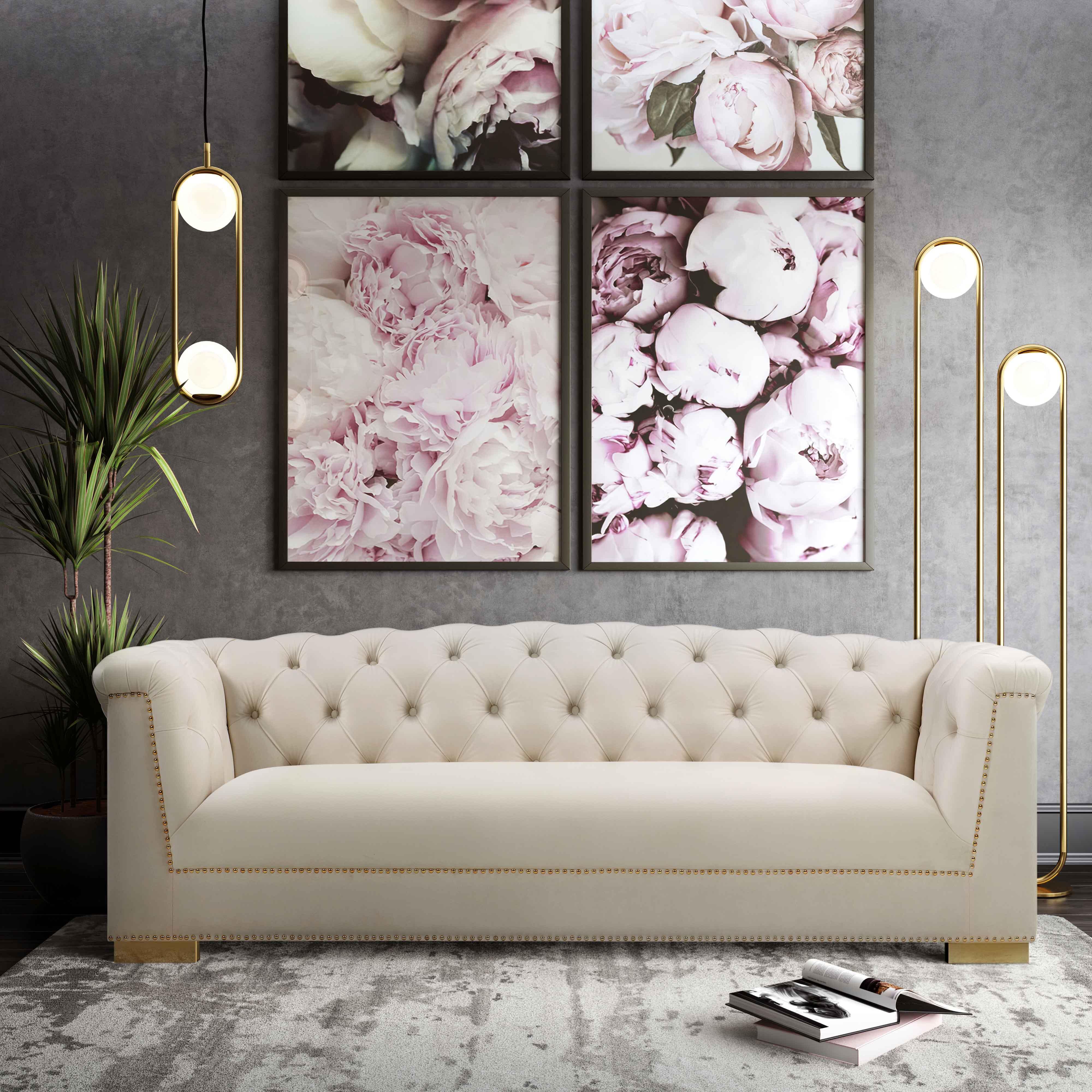 TOV Farah Cream Velvet Sofa, Cream, large
