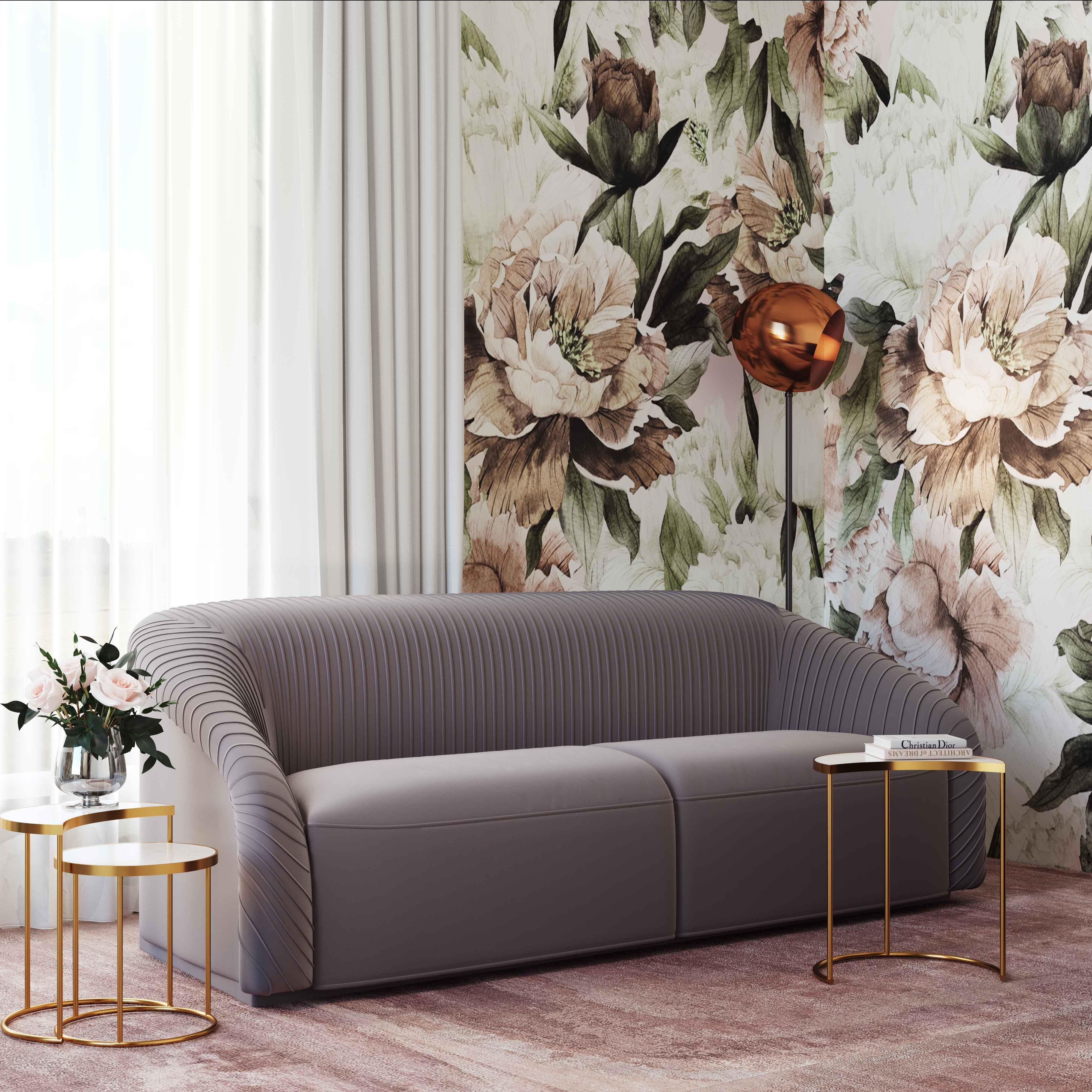 TOV Yara Pleated Grey Velvet Sofa, Gray, rollover