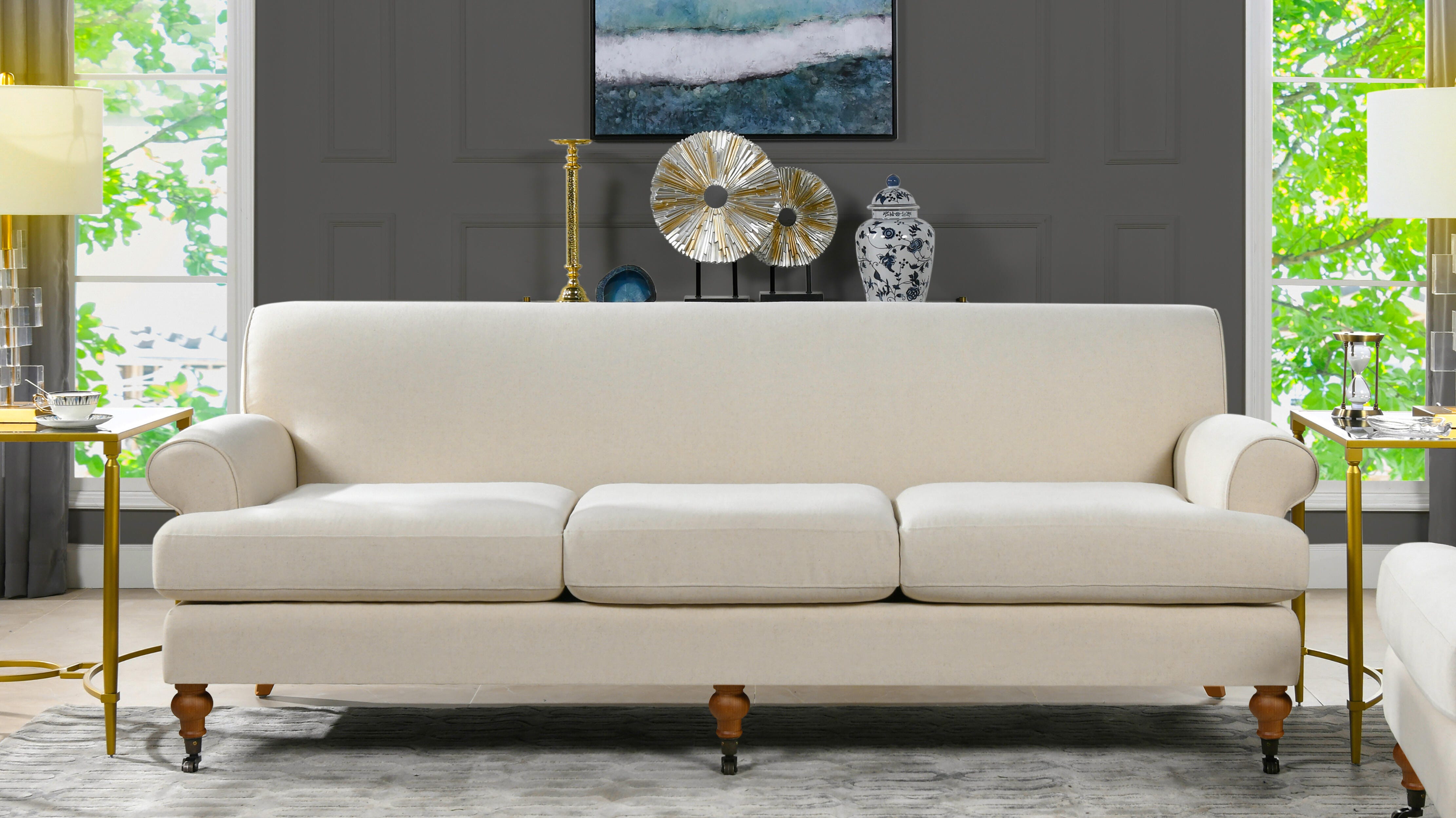 Jennifer Taylor home Alana Lawson Three-Cushion Sofa, Light Beige, rollover