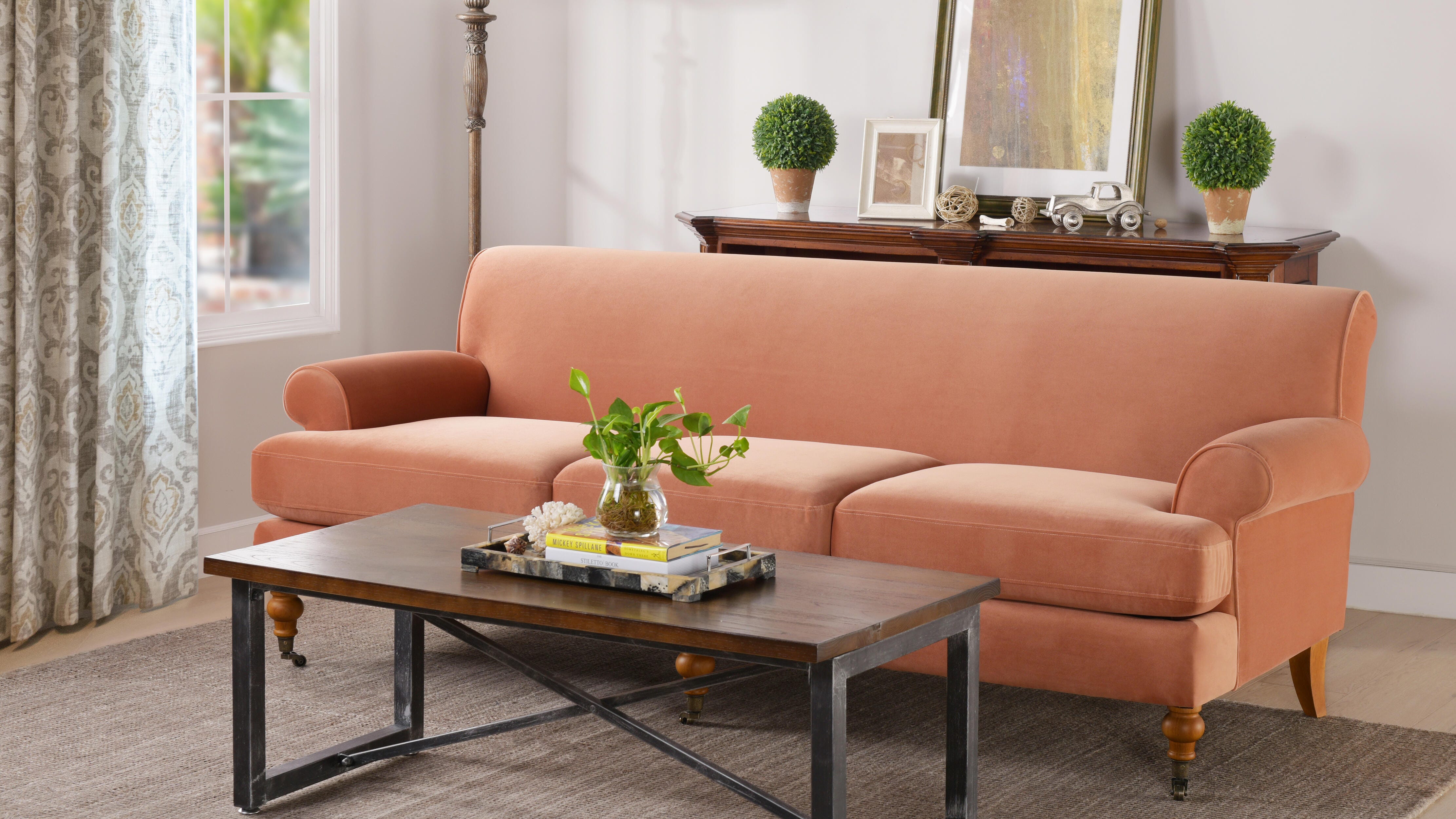 Jennifer Taylor home Alana Lawson Three-Cushion Sofa, Peach Orange, rollover