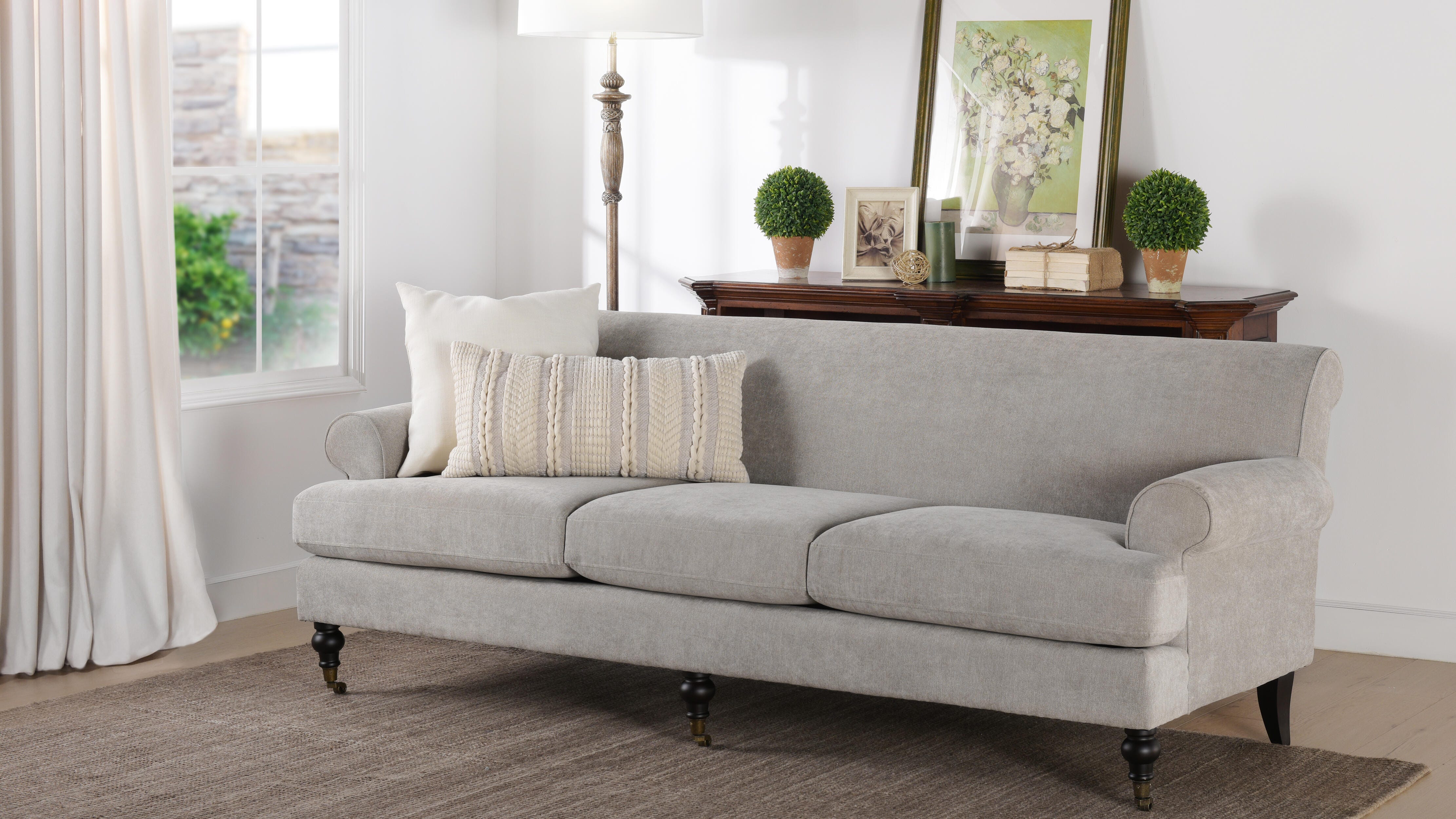 Jennifer Taylor home Alana Lawson Three-Cushion Sofa, Silver Gray, rollover