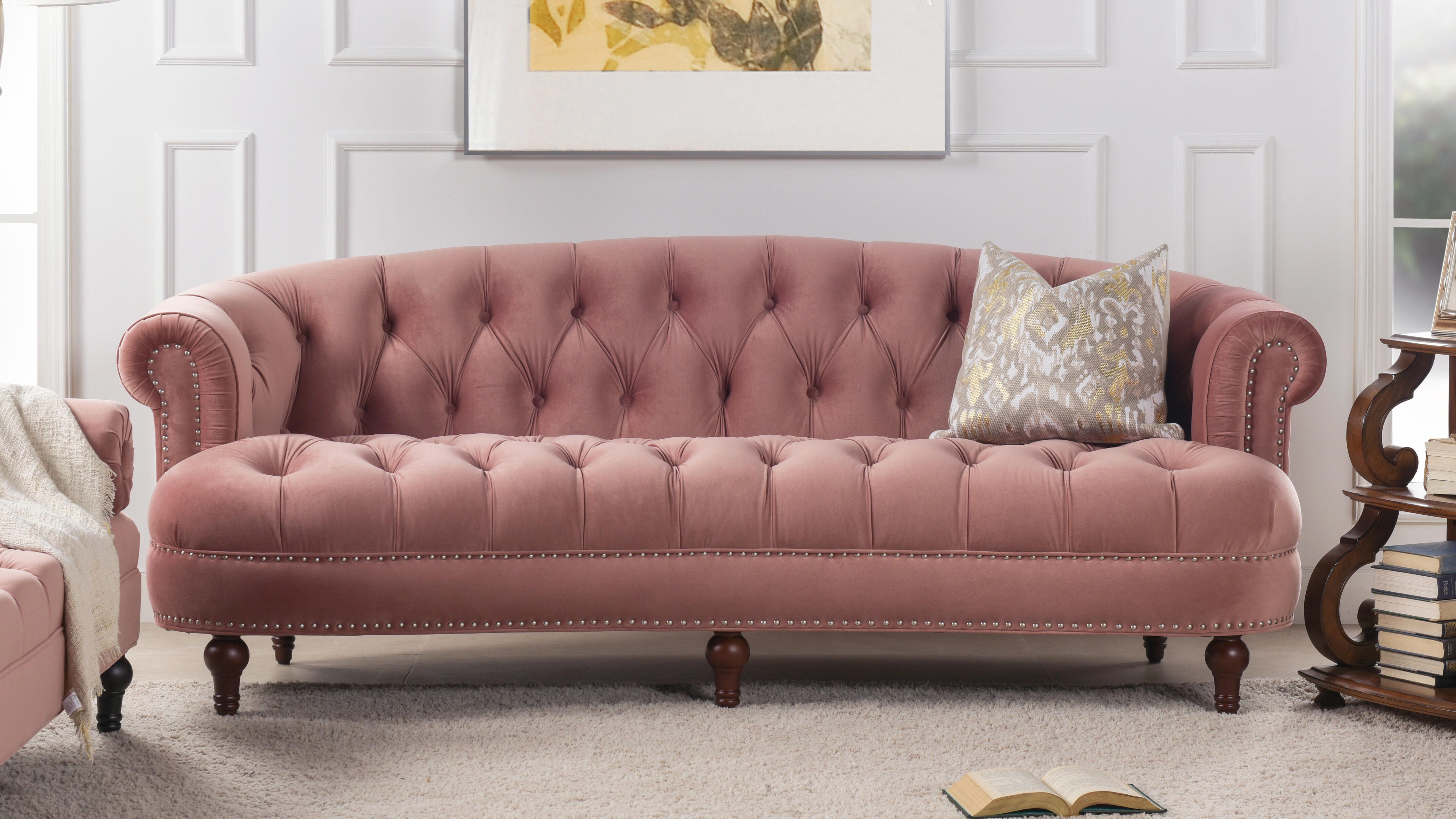 Jennifer Taylor home La Rosa Chesterfield Sofa, Ash Rose Pink, rollover
