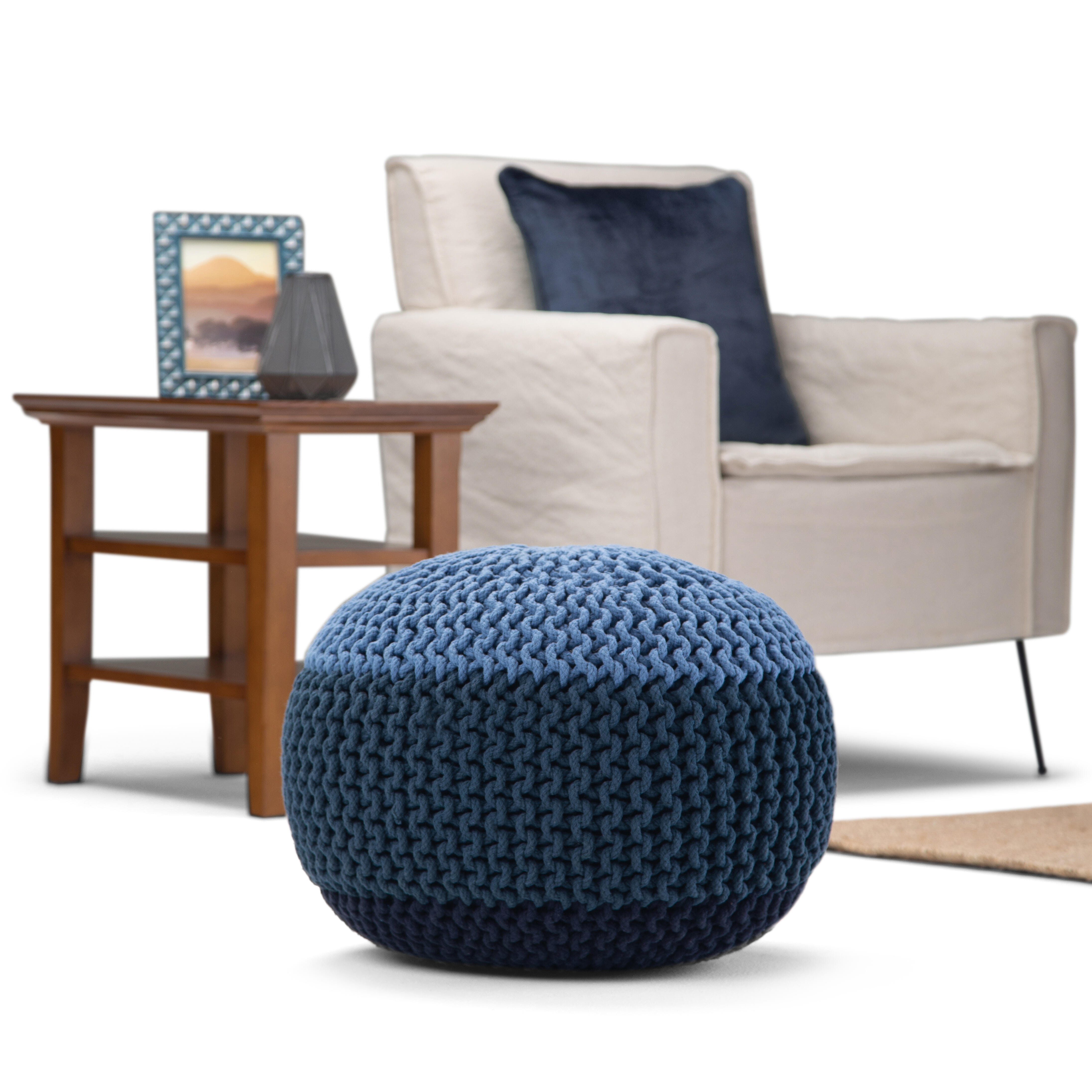 Simpli Home Nikki Hand Knit Pouf, Blue/Navy Blue, rollover