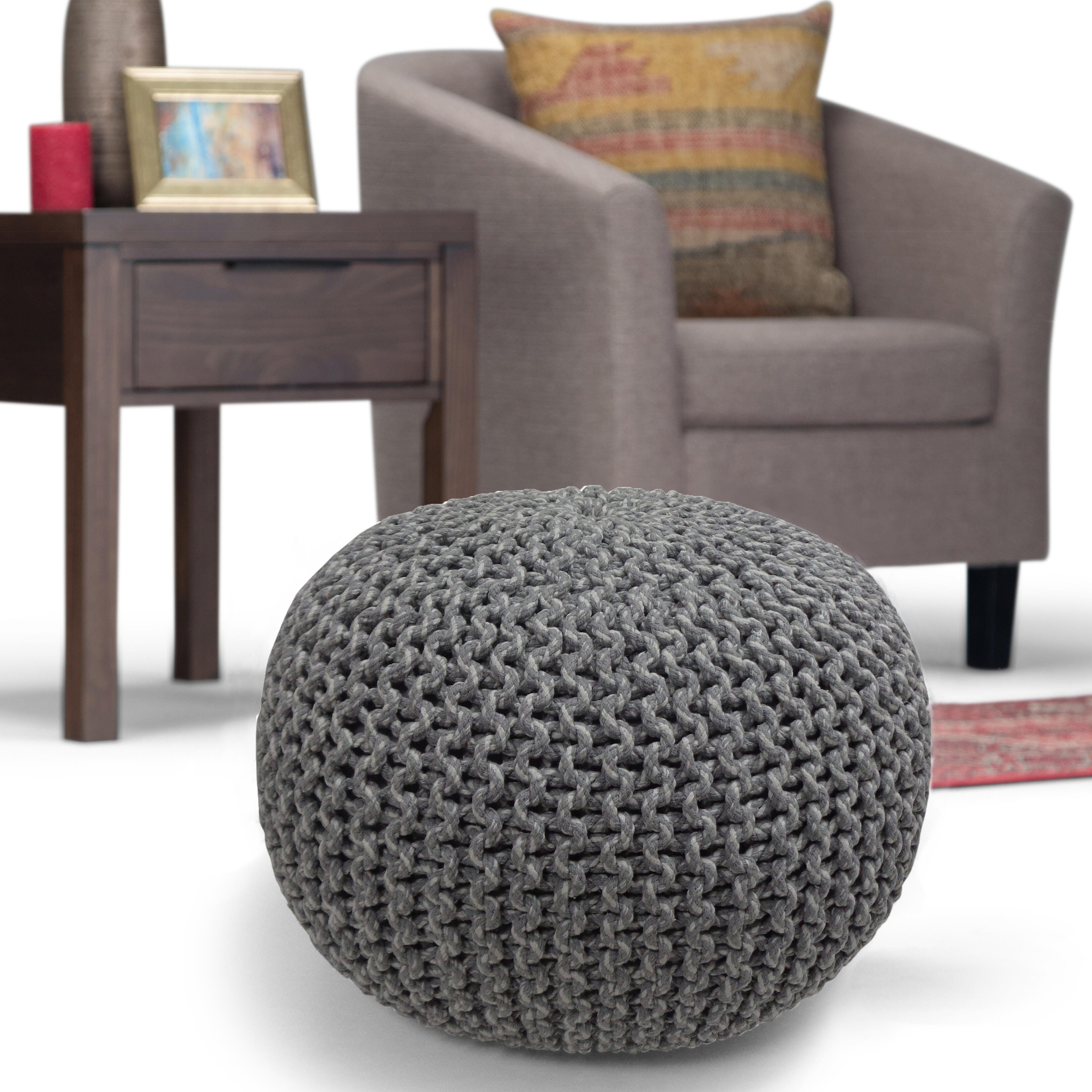 Simpli Home Nikki Hand Knit Pouf, Gray, rollover