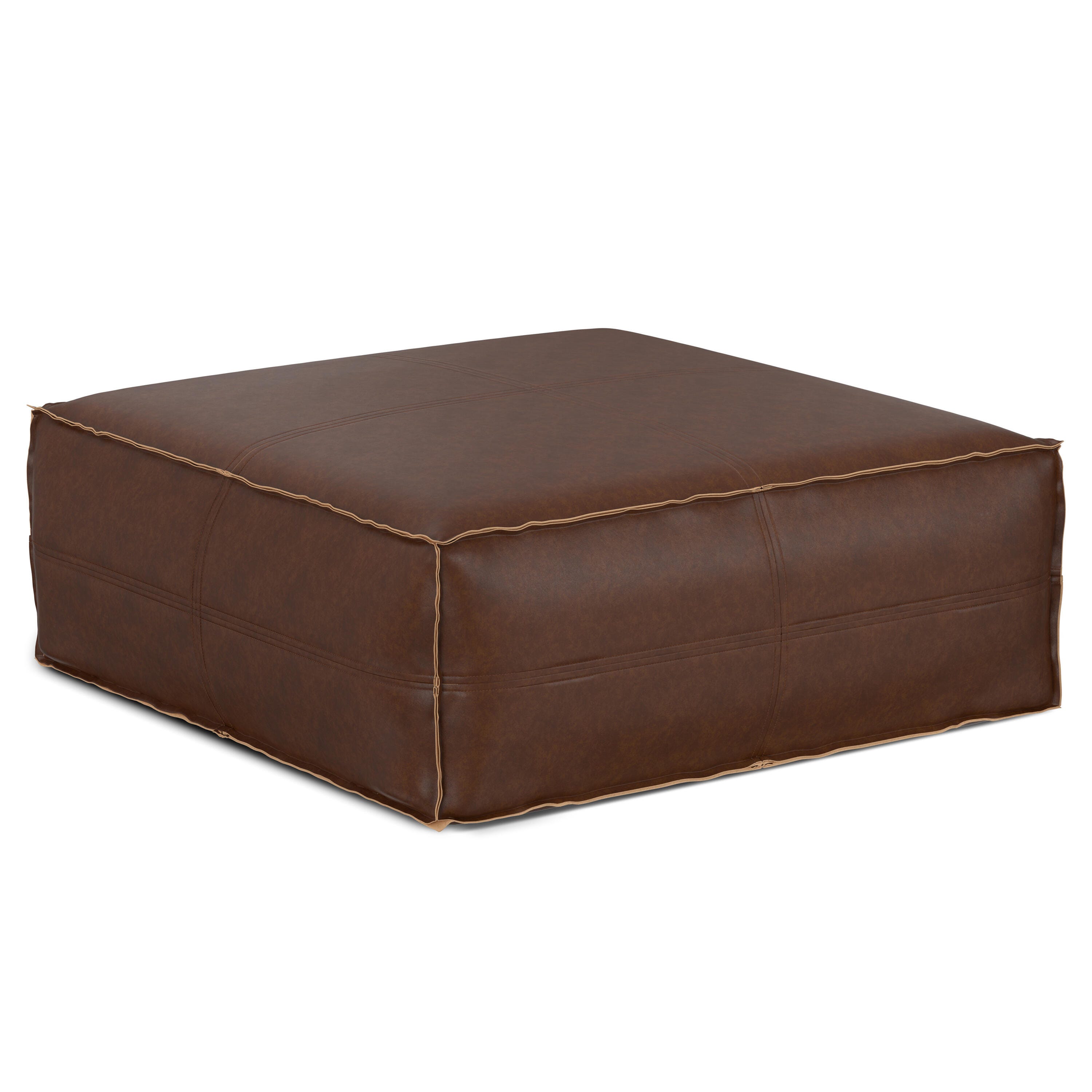 Simpli Home Brody Square Distressed Faux Leather Ottoman, Distressed Dark Brown, large
