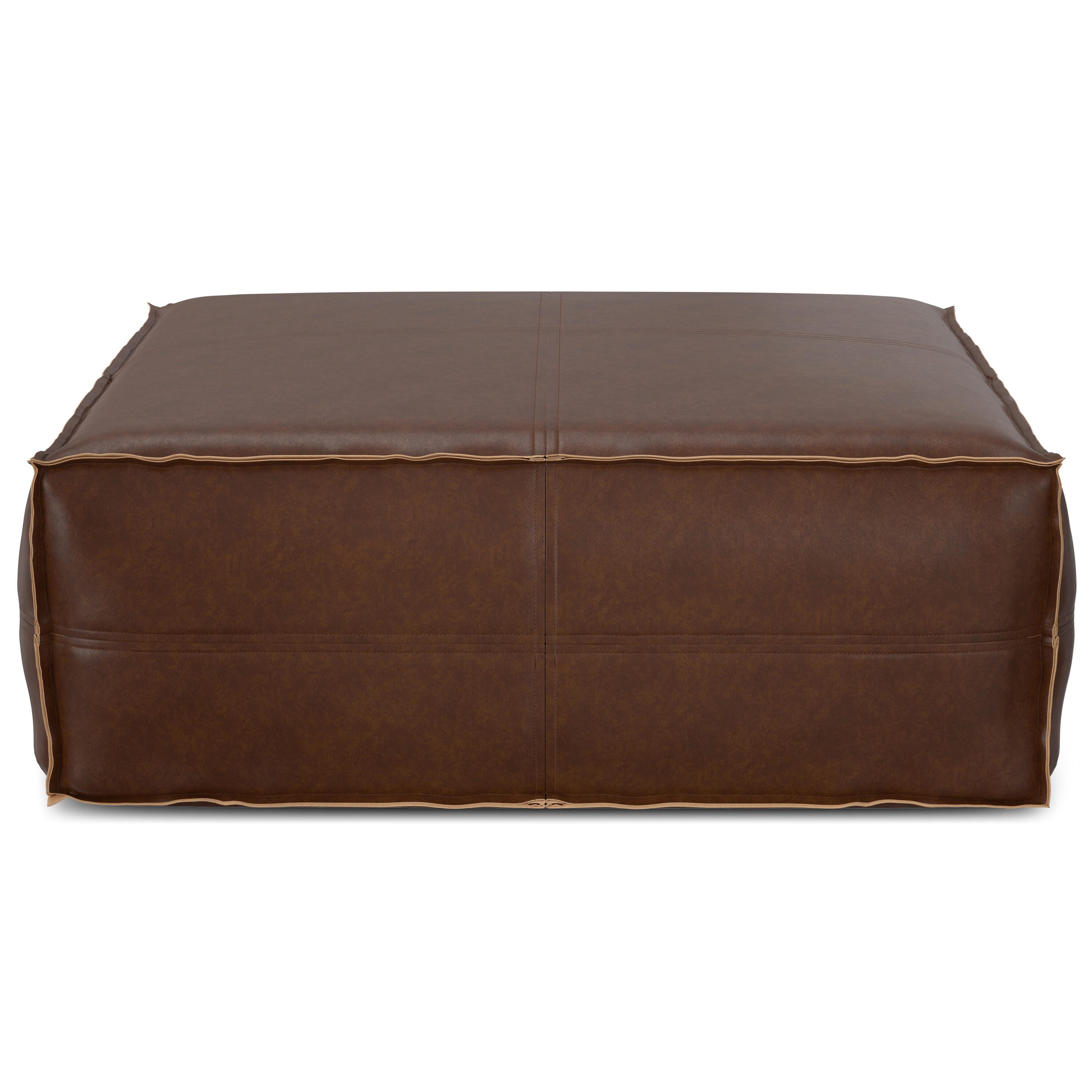 Simpli Home Brody Square Distressed Faux Leather Ottoman, Distressed Dark Brown, large