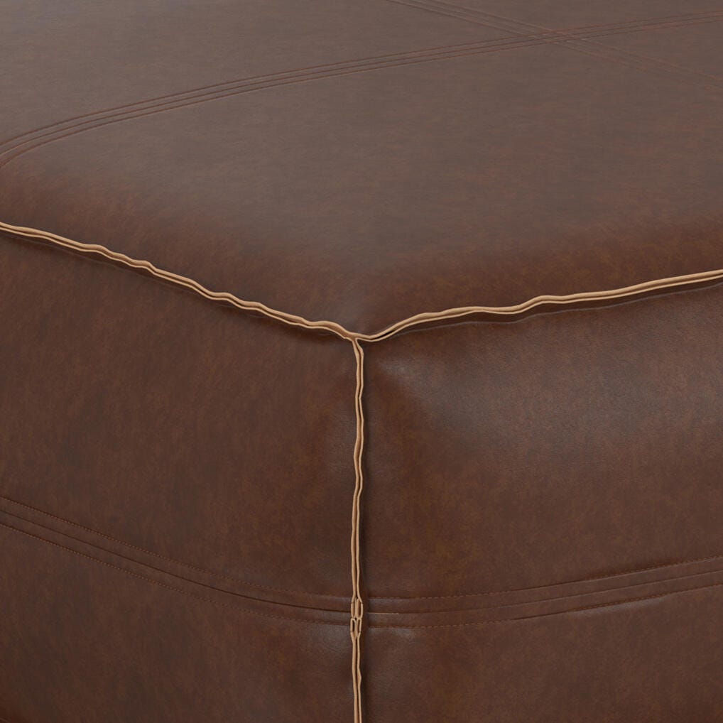 Simpli Home Brody Square Distressed Faux Leather Ottoman, Distressed Dark Brown, large