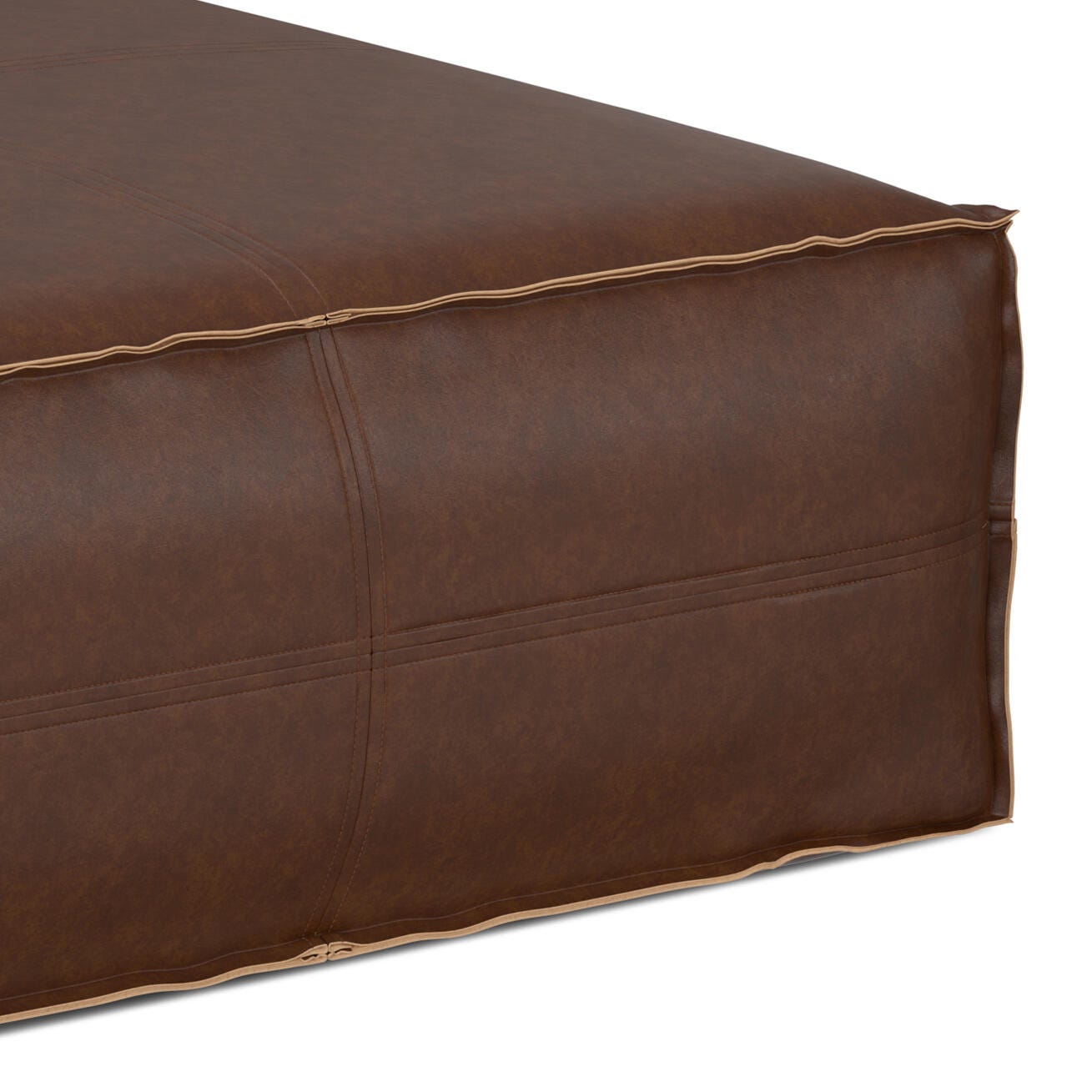 Simpli Home Brody Square Distressed Faux Leather Ottoman, Distressed Dark Brown, large