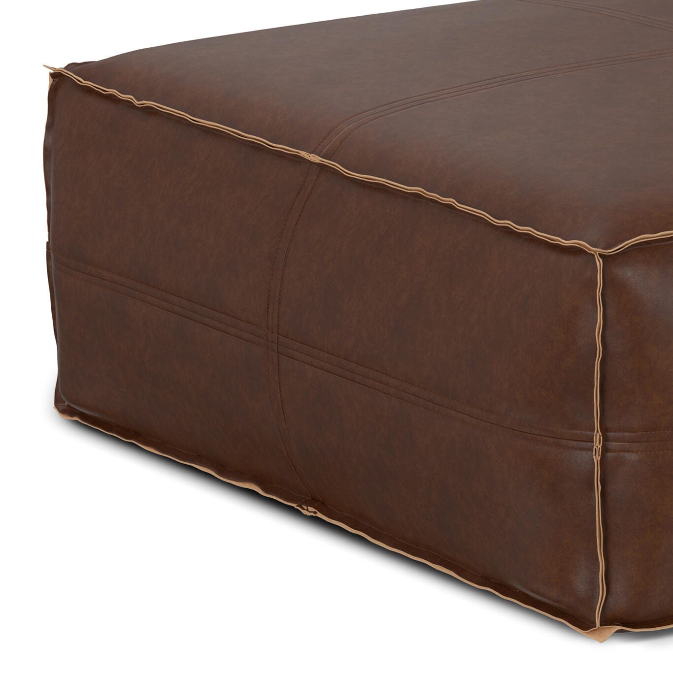 Simpli Home Brody Square Distressed Faux Leather Ottoman, Distressed Dark Brown, large