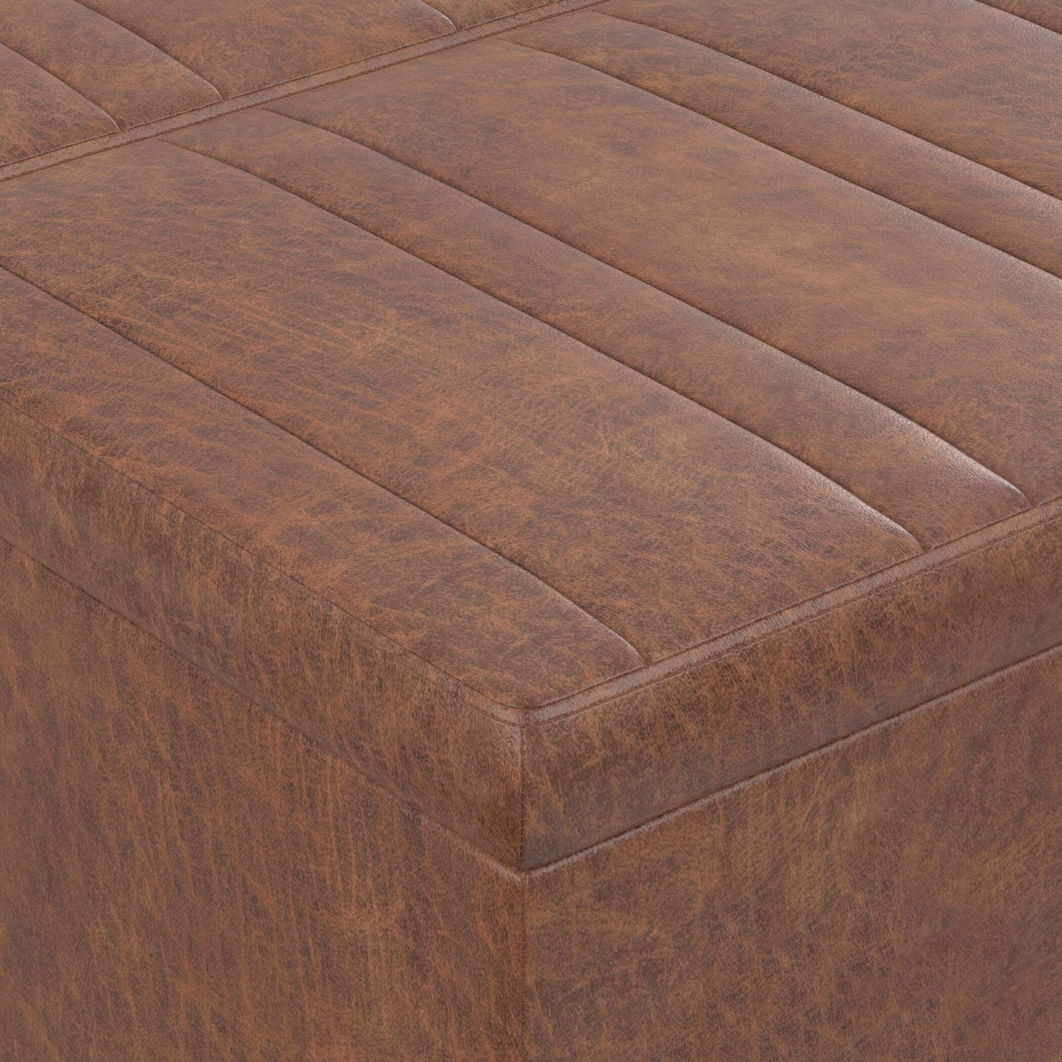 Simpli Home Ellis Square Storage Ottoman in Distressed Faux Leather, Distressed Saddle Brown, large
