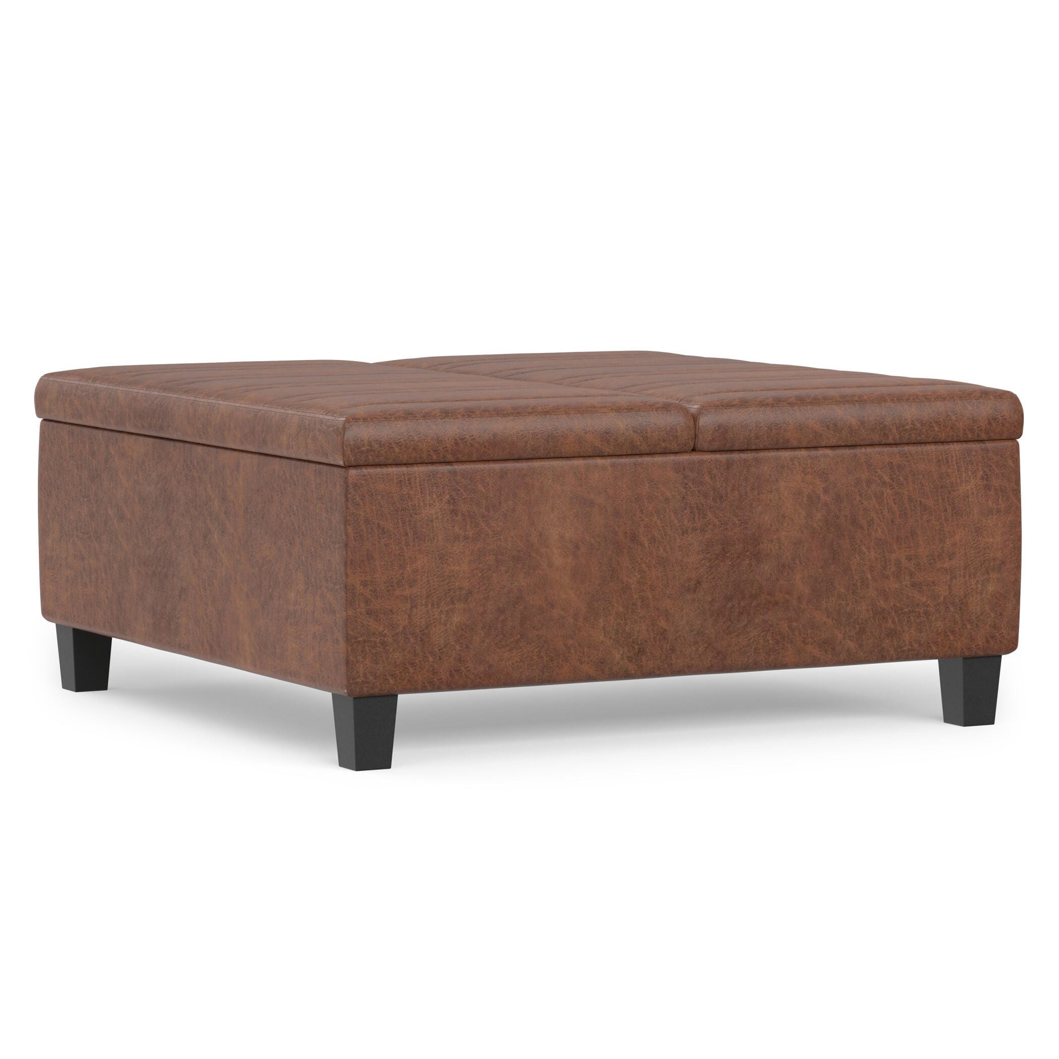 Simpli Home Ellis Square Storage Ottoman in Distressed Faux Leather, Distressed Saddle Brown, large
