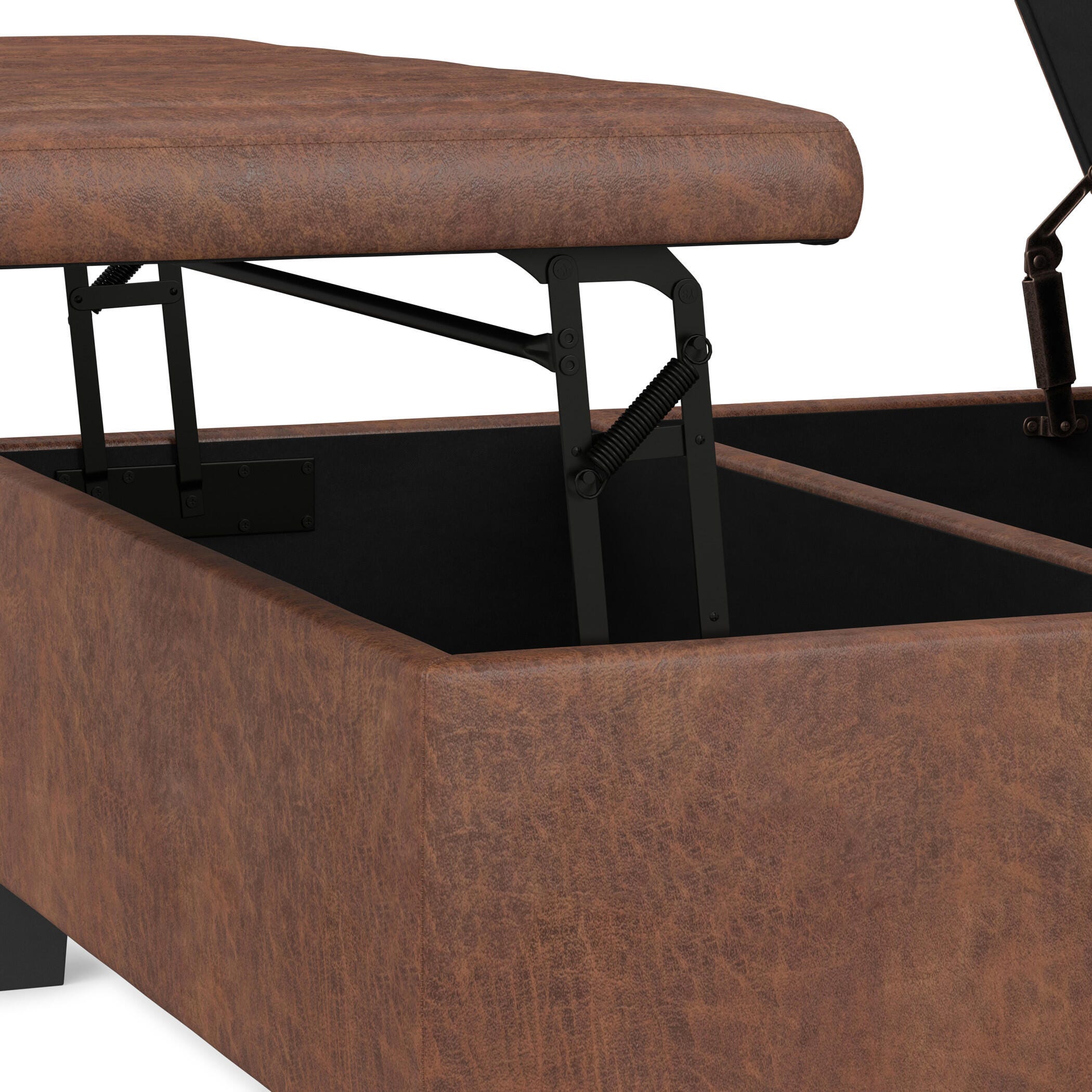 Simpli Home Ellis Square Storage Ottoman in Distressed Faux Leather, Distressed Saddle Brown, large