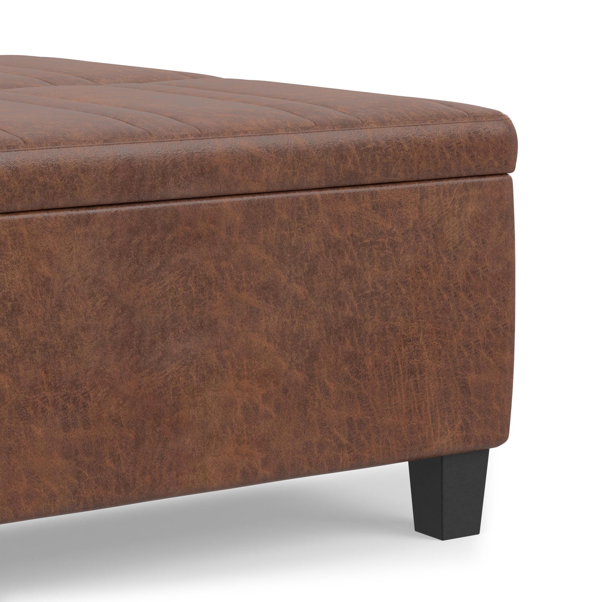 Simpli Home Ellis Square Storage Ottoman in Distressed Faux Leather, Distressed Saddle Brown, large