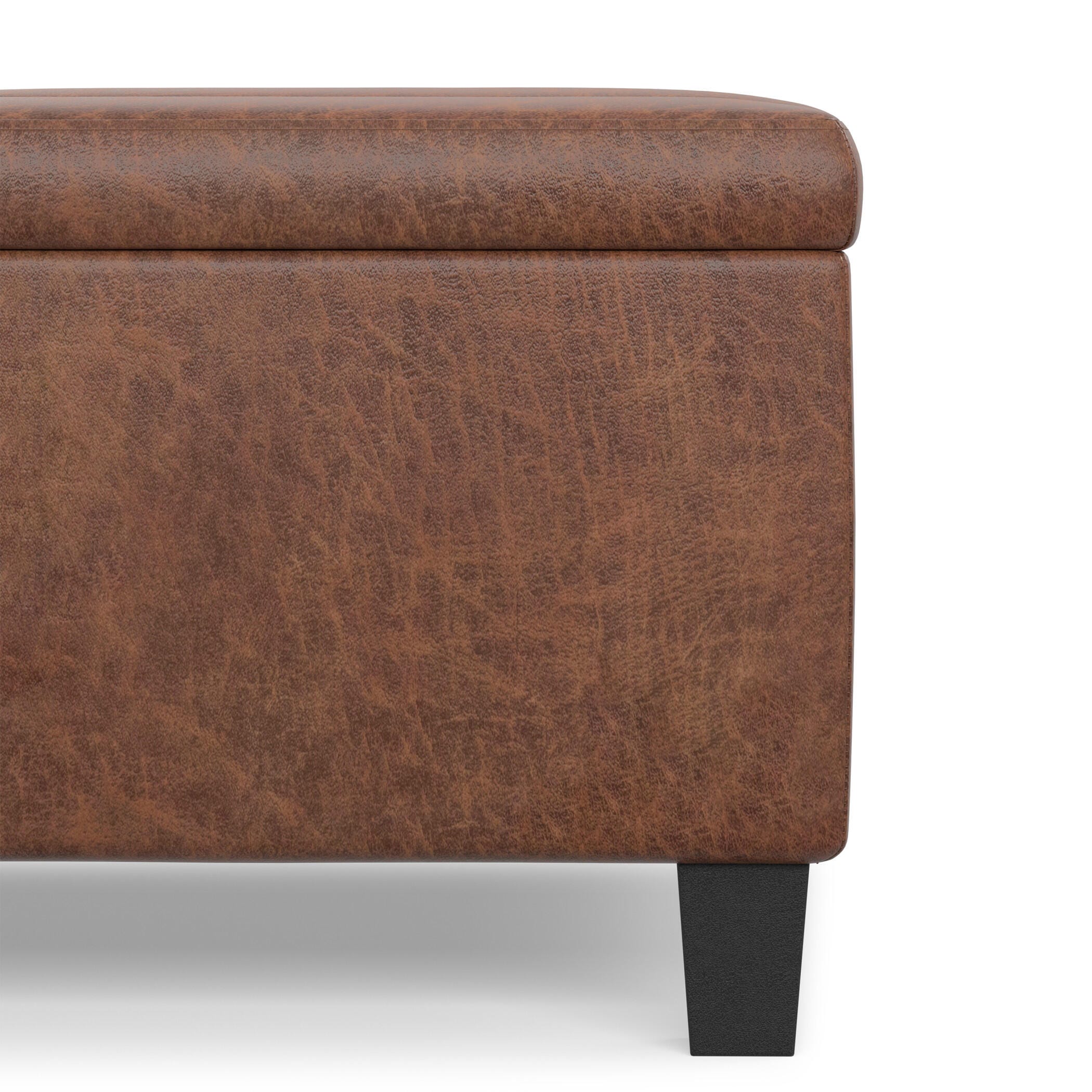 Simpli Home Ellis Square Storage Ottoman in Distressed Faux Leather, Distressed Saddle Brown, large