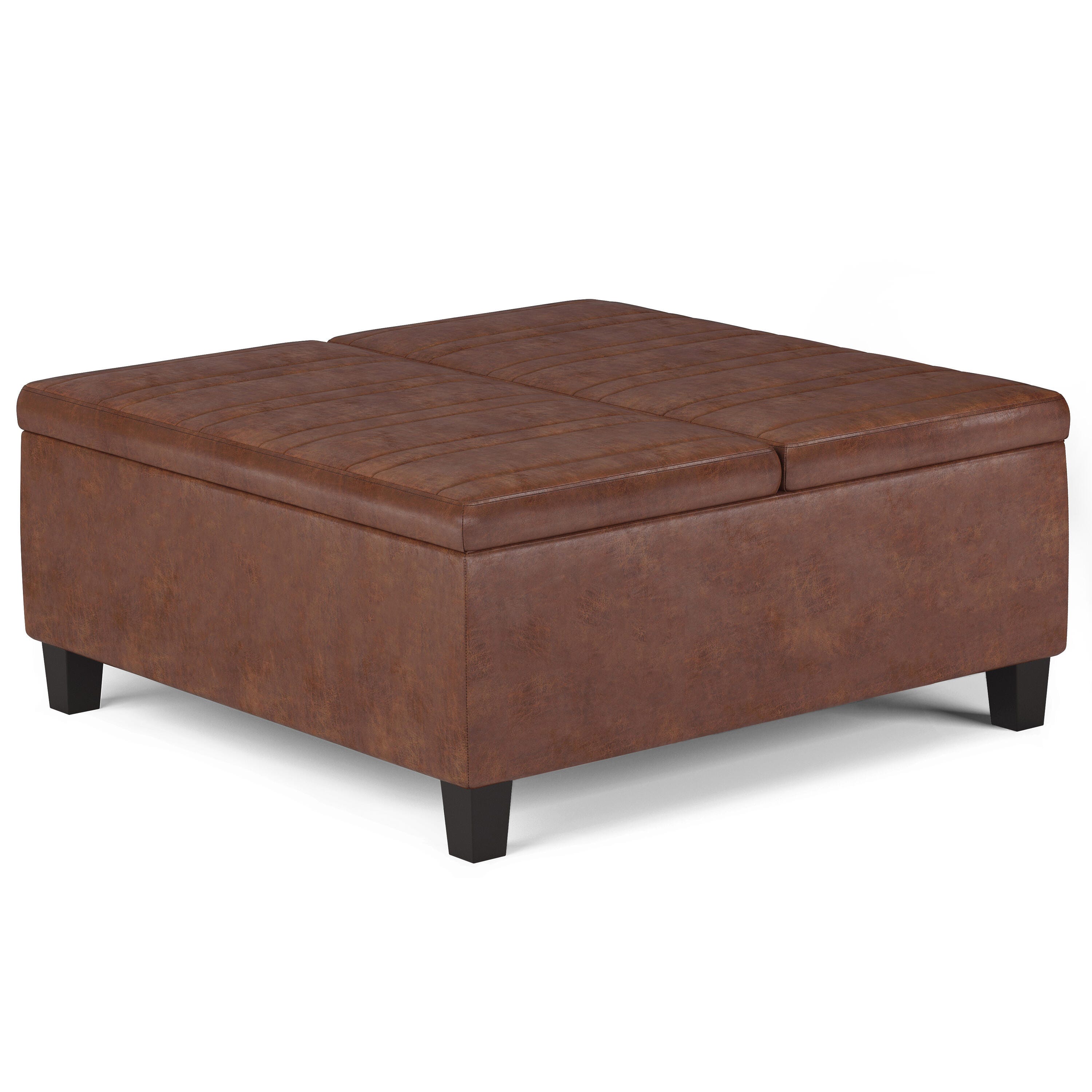 Simpli Home Ellis Square Storage Ottoman in Distressed Faux Leather, Distressed Saddle Brown, large