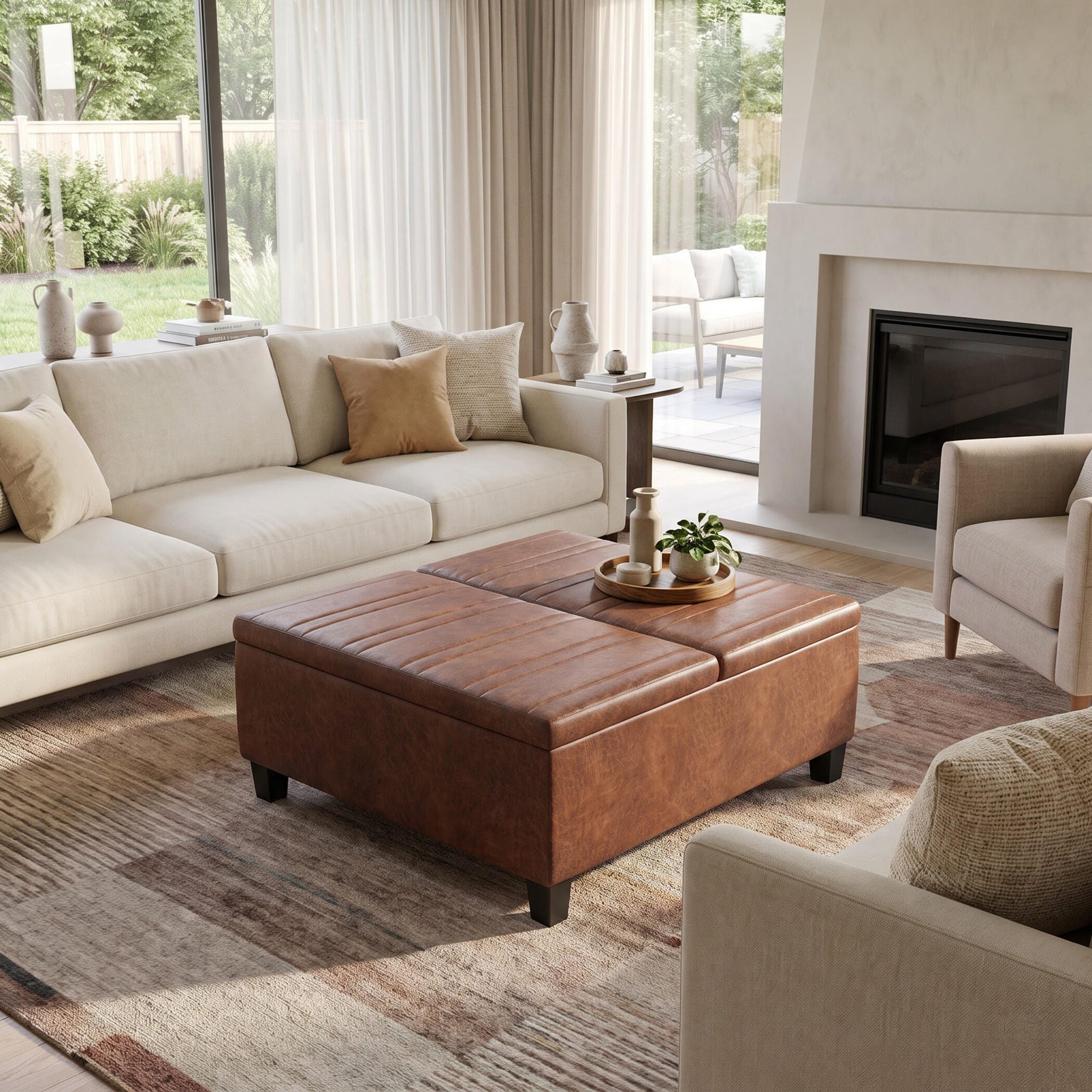 Simpli Home Ellis Square Storage Ottoman in Distressed Faux Leather, Distressed Saddle Brown, large