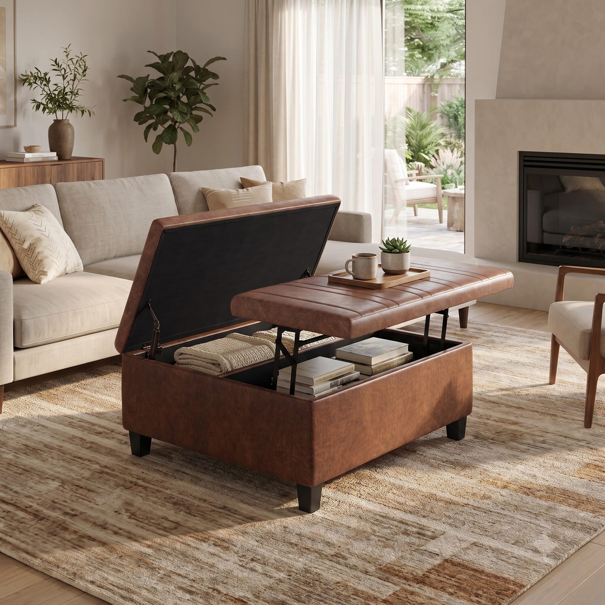 Simpli Home Ellis Square Storage Ottoman in Distressed Faux Leather, Distressed Saddle Brown, large