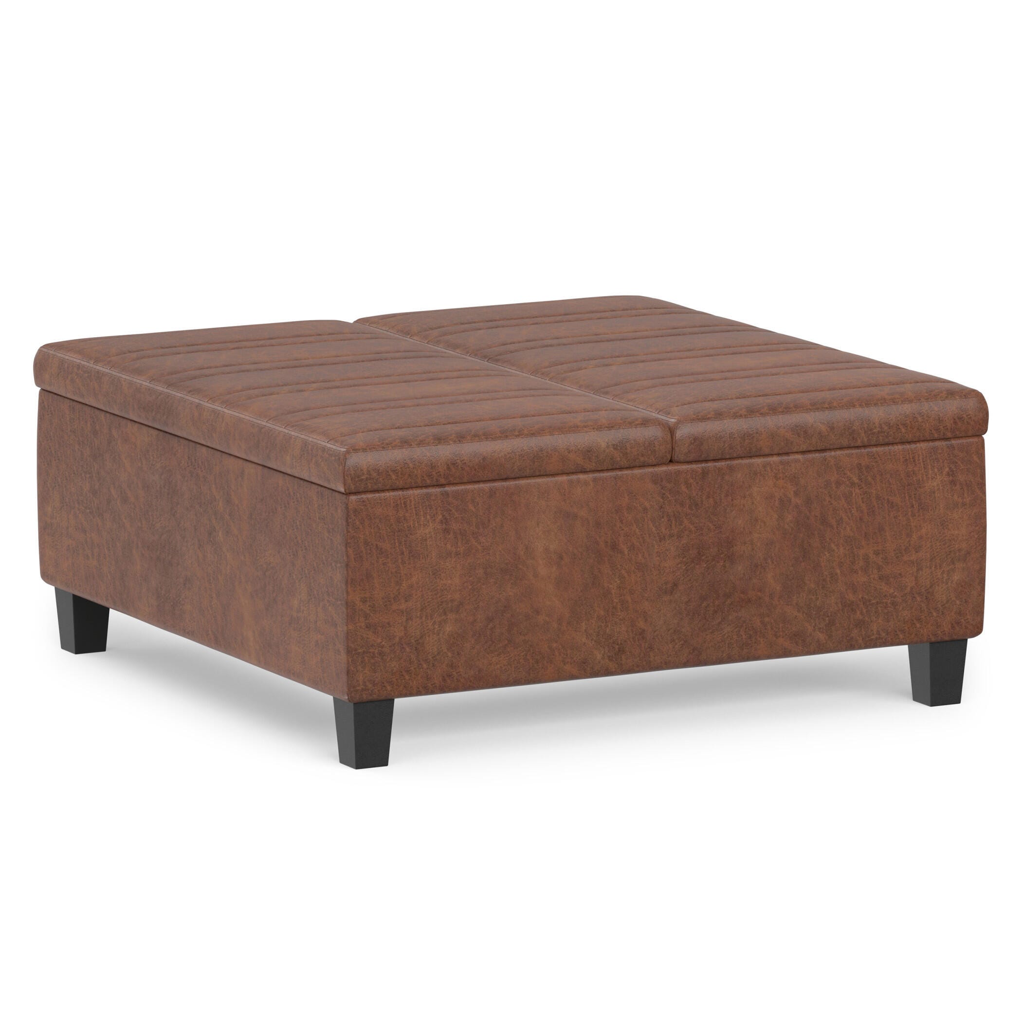 Simpli Home Ellis Square Storage Ottoman in Distressed Faux Leather, Distressed Saddle Brown, large