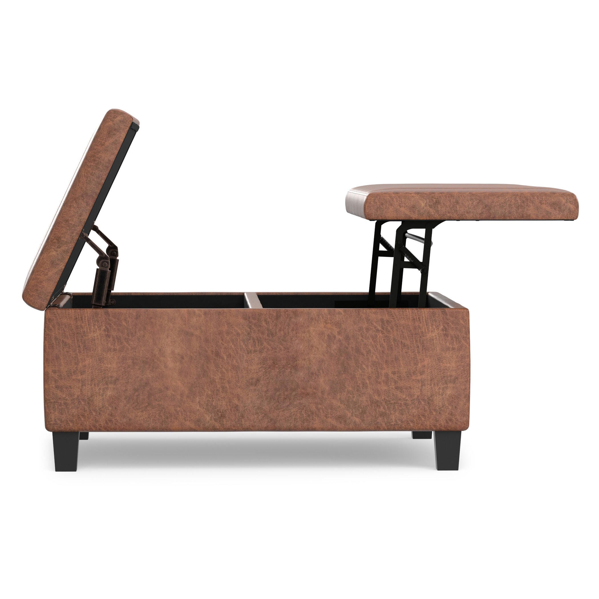 Simpli Home Ellis Square Storage Ottoman in Distressed Faux Leather, Distressed Saddle Brown, large