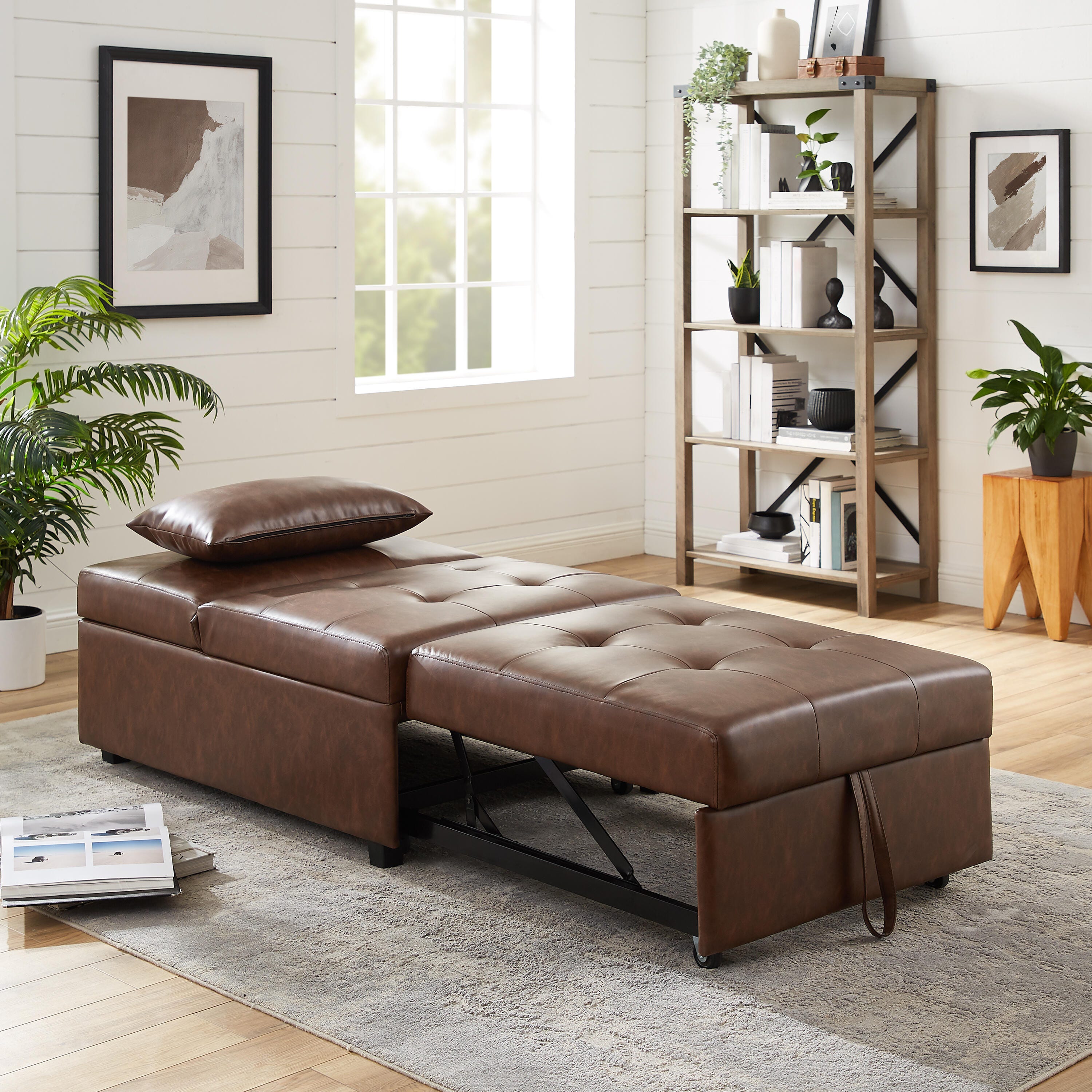 Linon Grayson Faux Leather Sofa Bed, Chestnut Brown, large