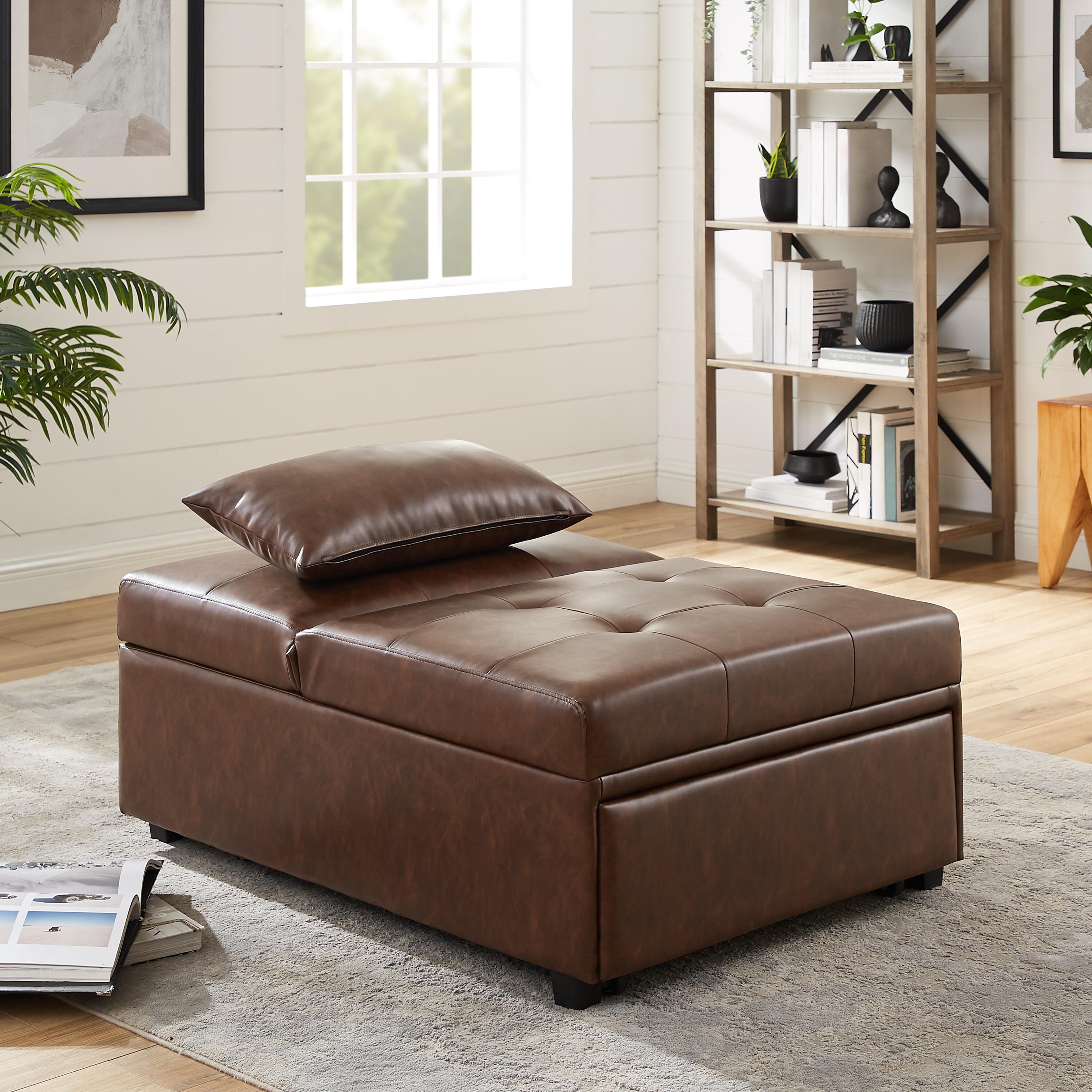 Linon Grayson Faux Leather Sofa Bed, Chestnut Brown, large