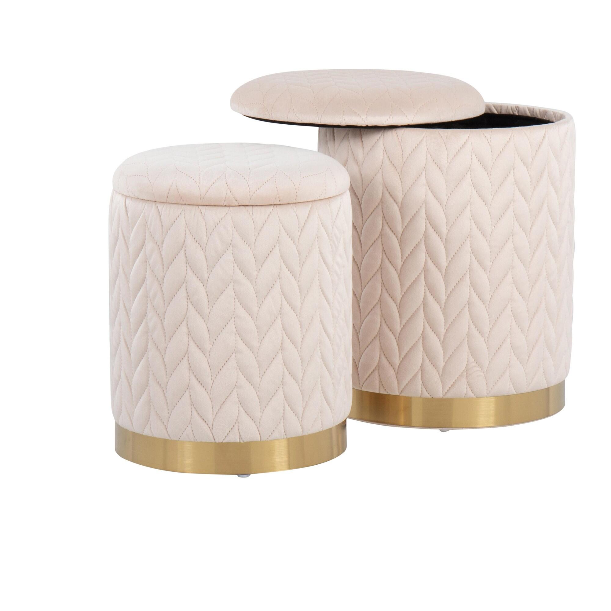 LumiSource Marla Quilted Ottoman Set, Cream, large
