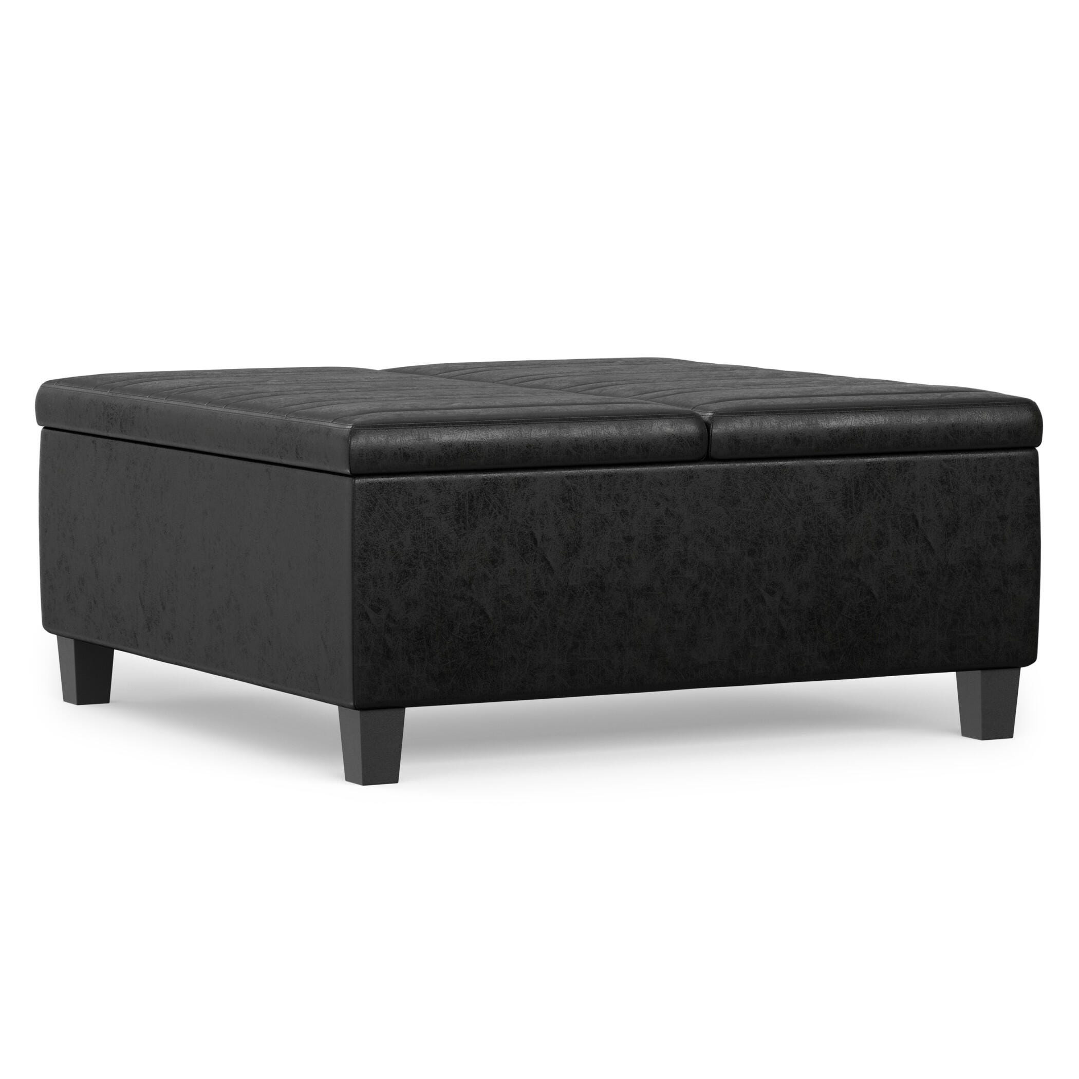 Simpli Home Ellis Faux Leather 36" Square Storage Ottoman, Distressed Black, large