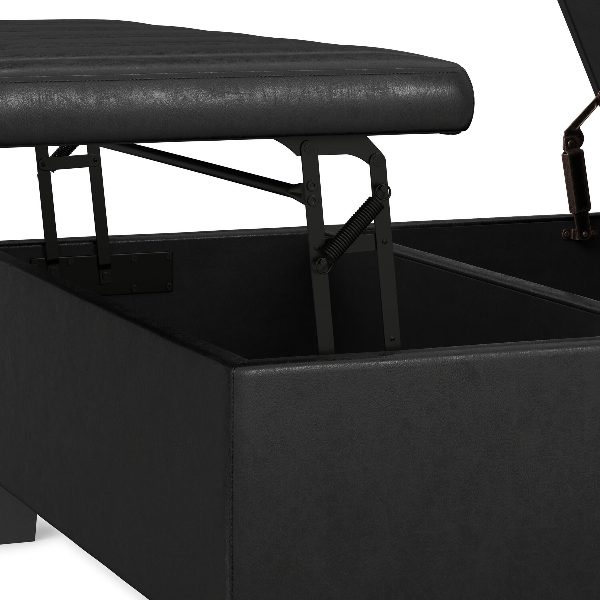 Simpli Home Ellis Faux Leather 36" Square Storage Ottoman, Distressed Black, large