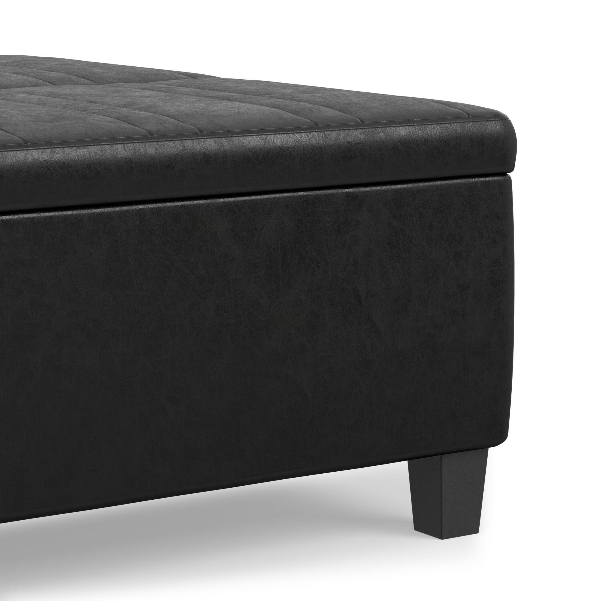 Simpli Home Ellis Faux Leather 36" Square Storage Ottoman, Distressed Black, large