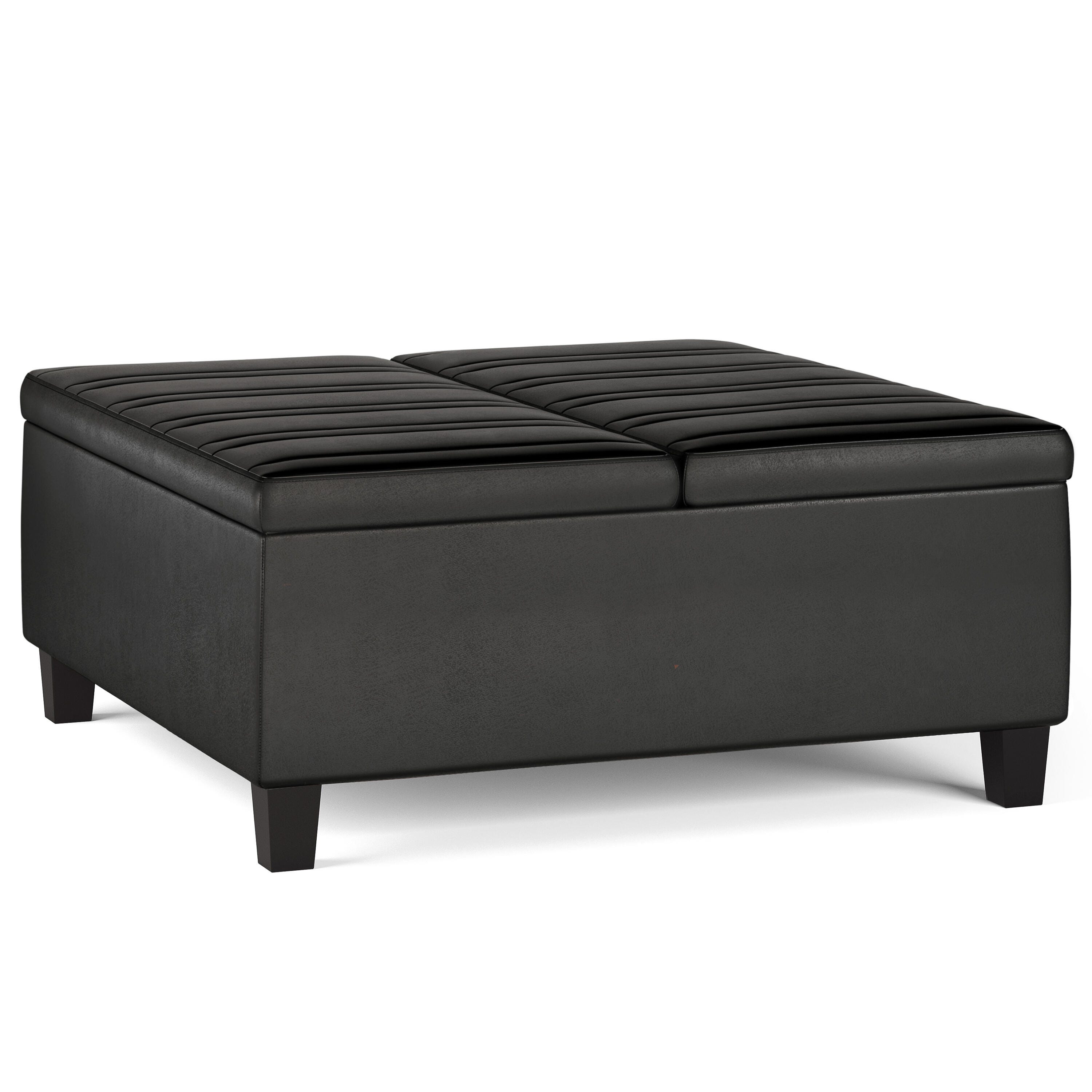 Simpli Home Ellis Faux Leather 36" Square Storage Ottoman, Distressed Black, large