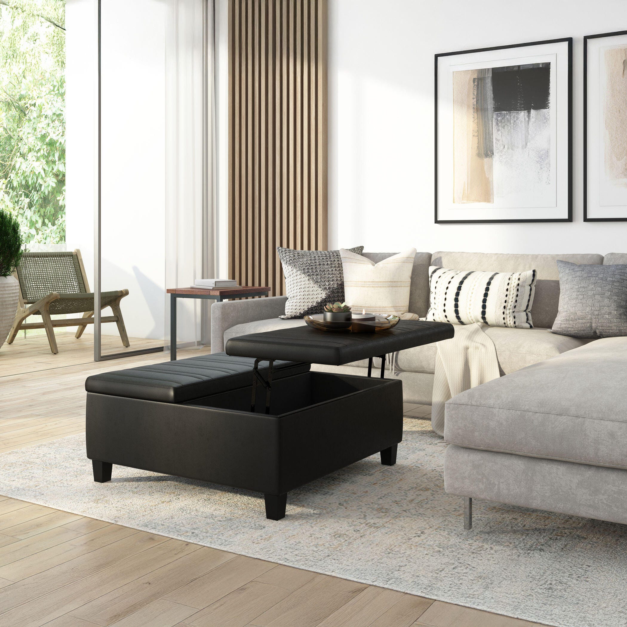 Simpli Home Ellis Faux Leather 36" Square Storage Ottoman, Distressed Black, large