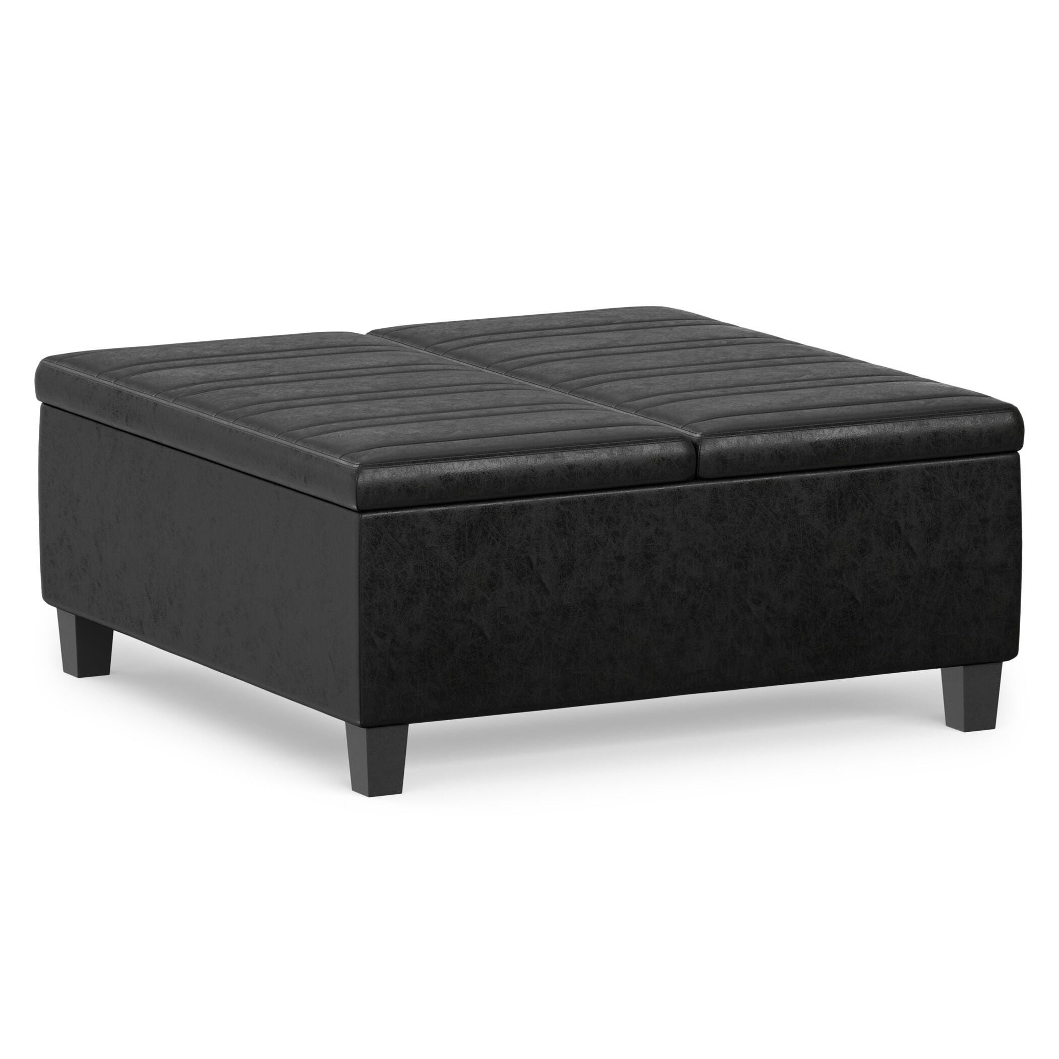 Simpli Home Ellis Faux Leather 36" Square Storage Ottoman, Distressed Black, large