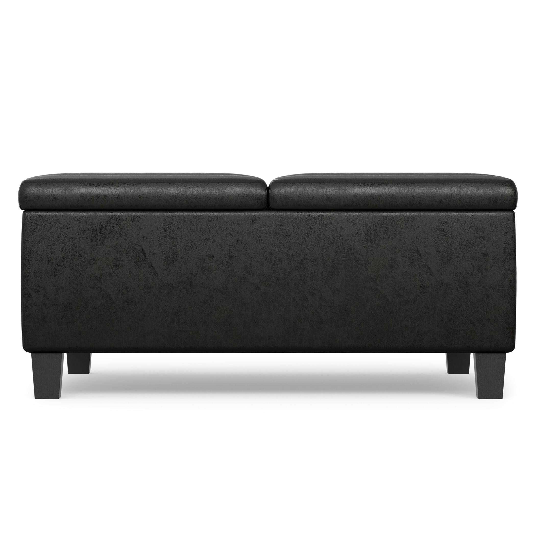 Simpli Home Ellis Faux Leather 36" Square Storage Ottoman, Distressed Black, large