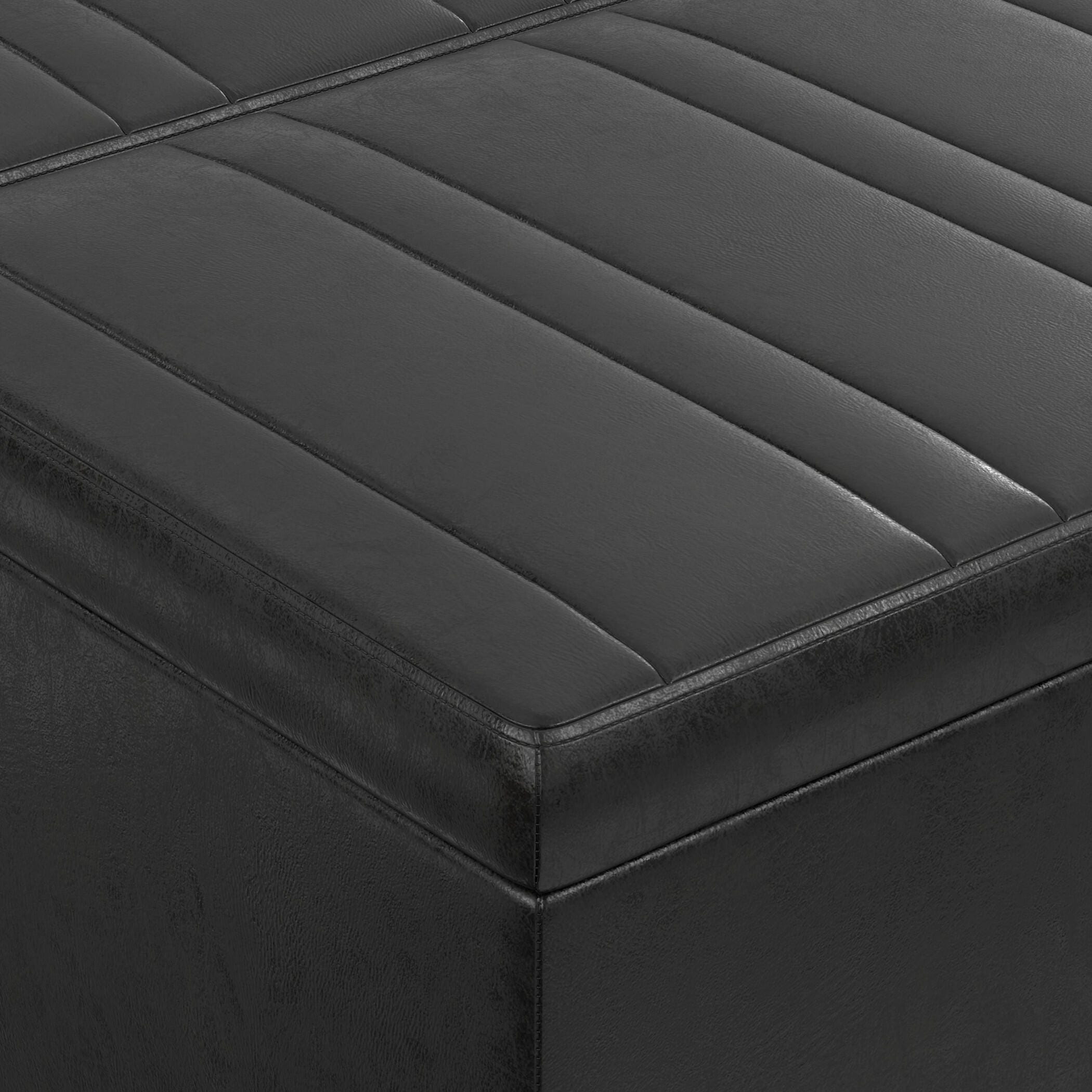Simpli Home Ellis Faux Leather 36" Square Storage Ottoman, Distressed Black, large