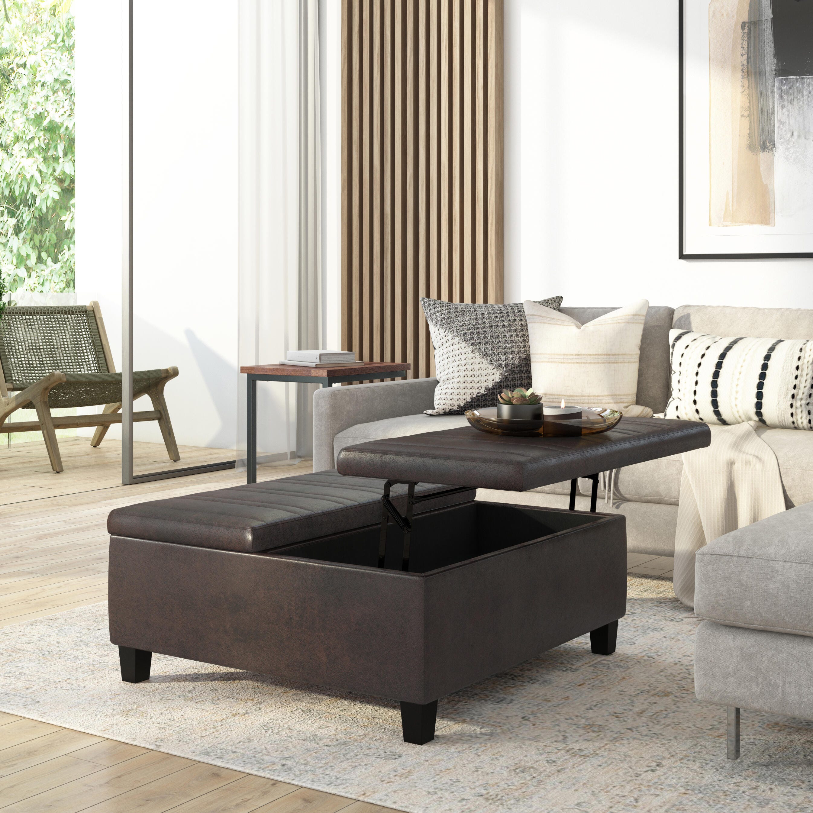 Simpli Home Ellis Faux Leather 36" Square Storage Ottoman, Distressed Brown, rollover