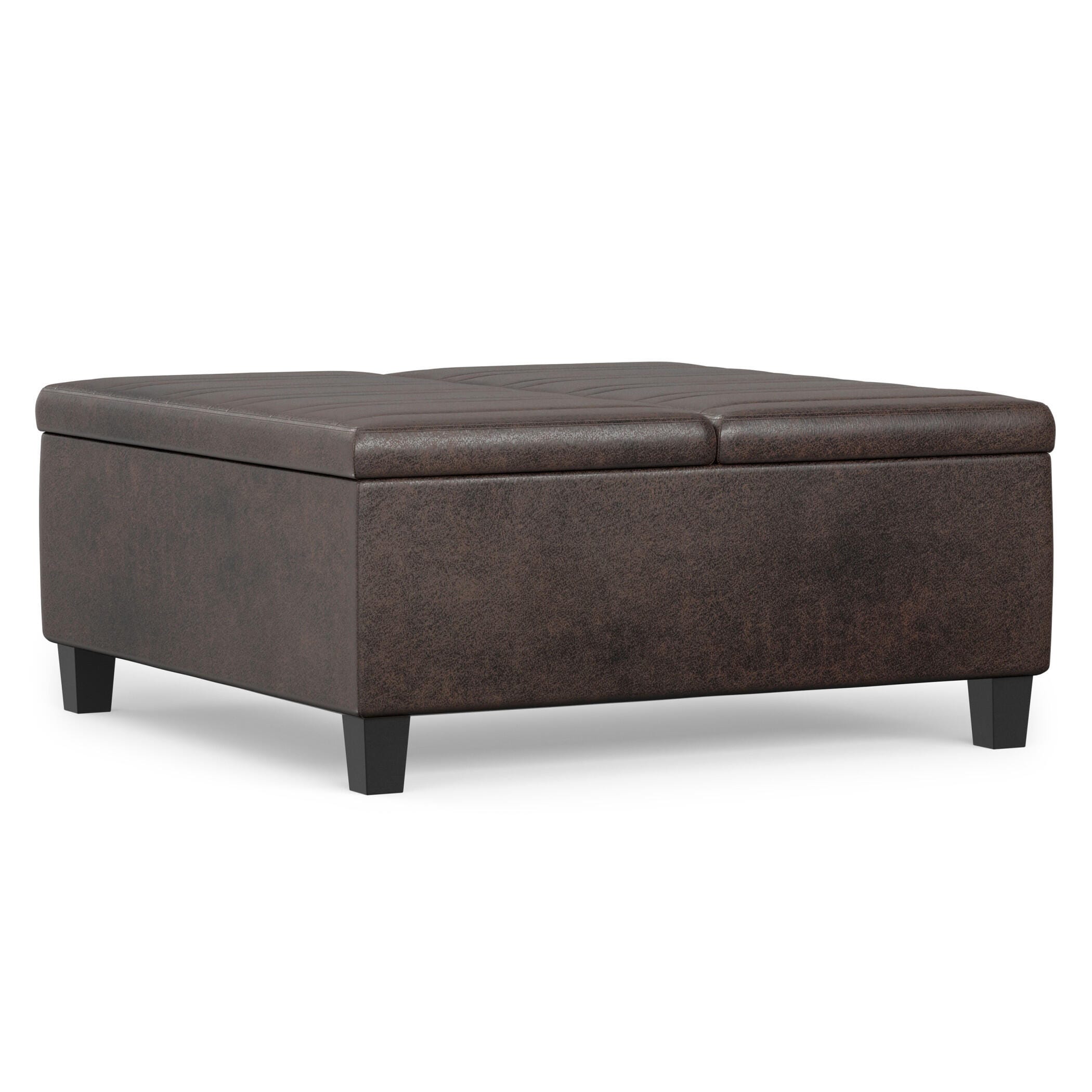 Simpli Home Ellis Faux Leather 36" Square Storage Ottoman, Distressed Brown, large