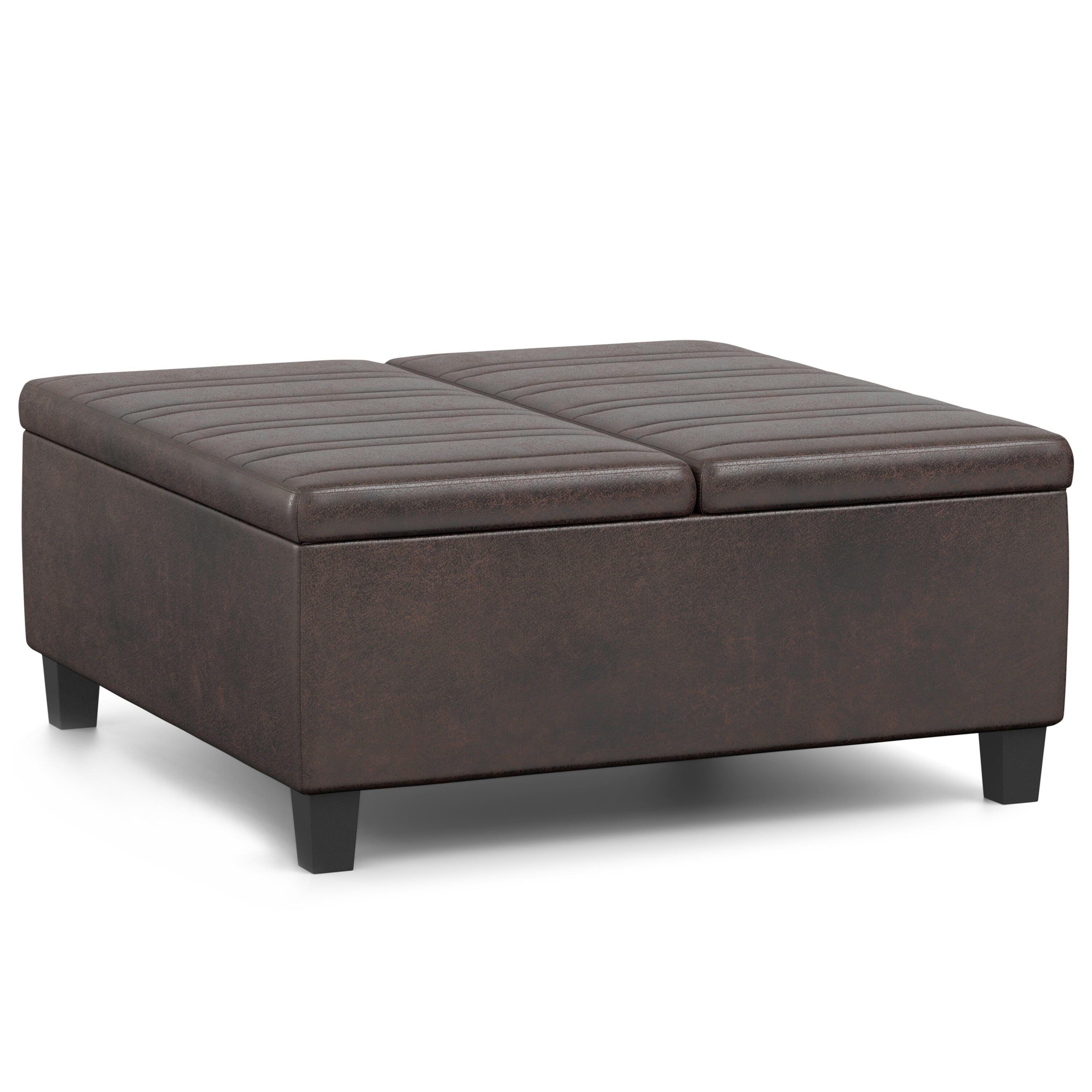 Simpli Home Ellis Faux Leather 36" Square Storage Ottoman, Distressed Brown, large