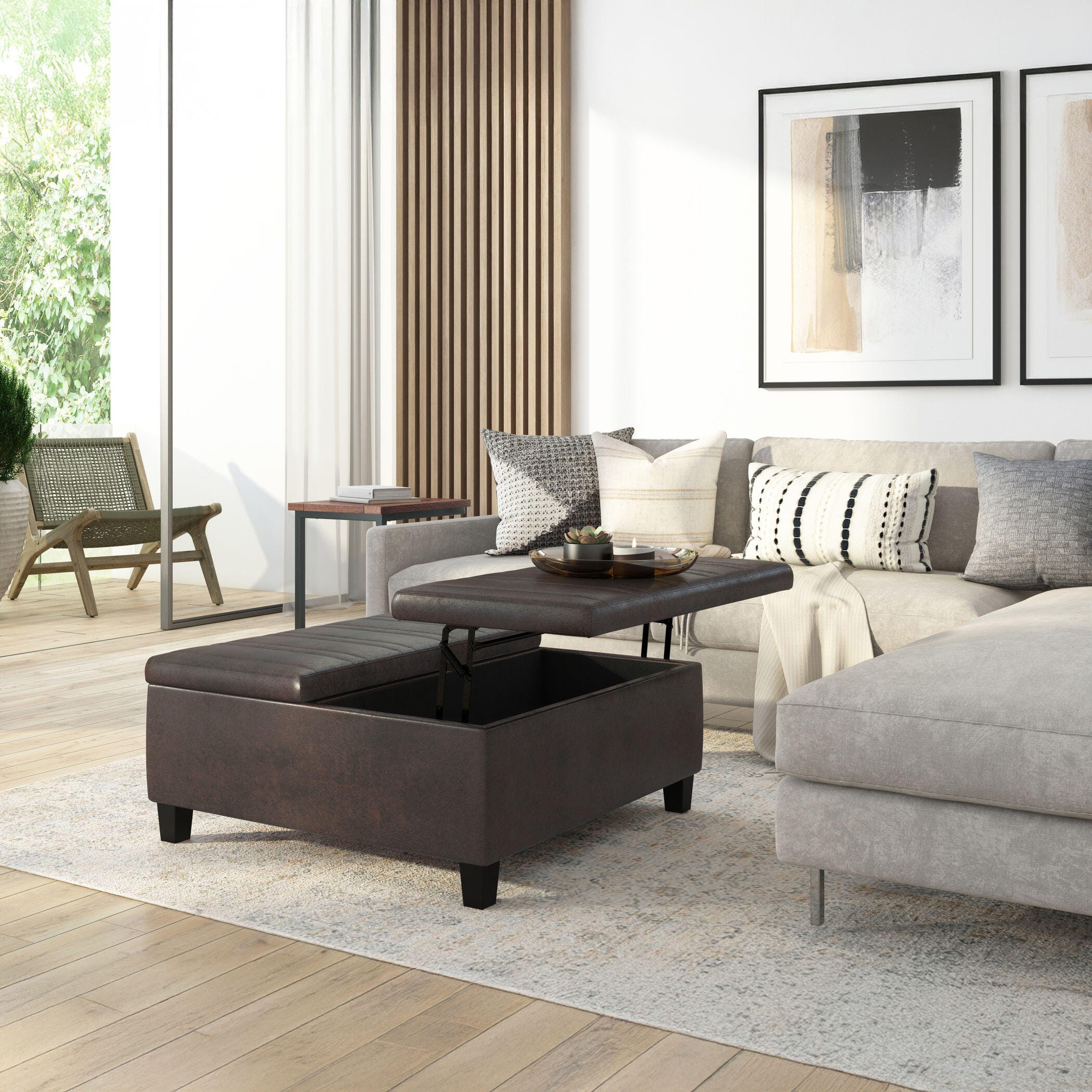 Simpli Home Ellis Faux Leather 36" Square Storage Ottoman, Distressed Brown, large