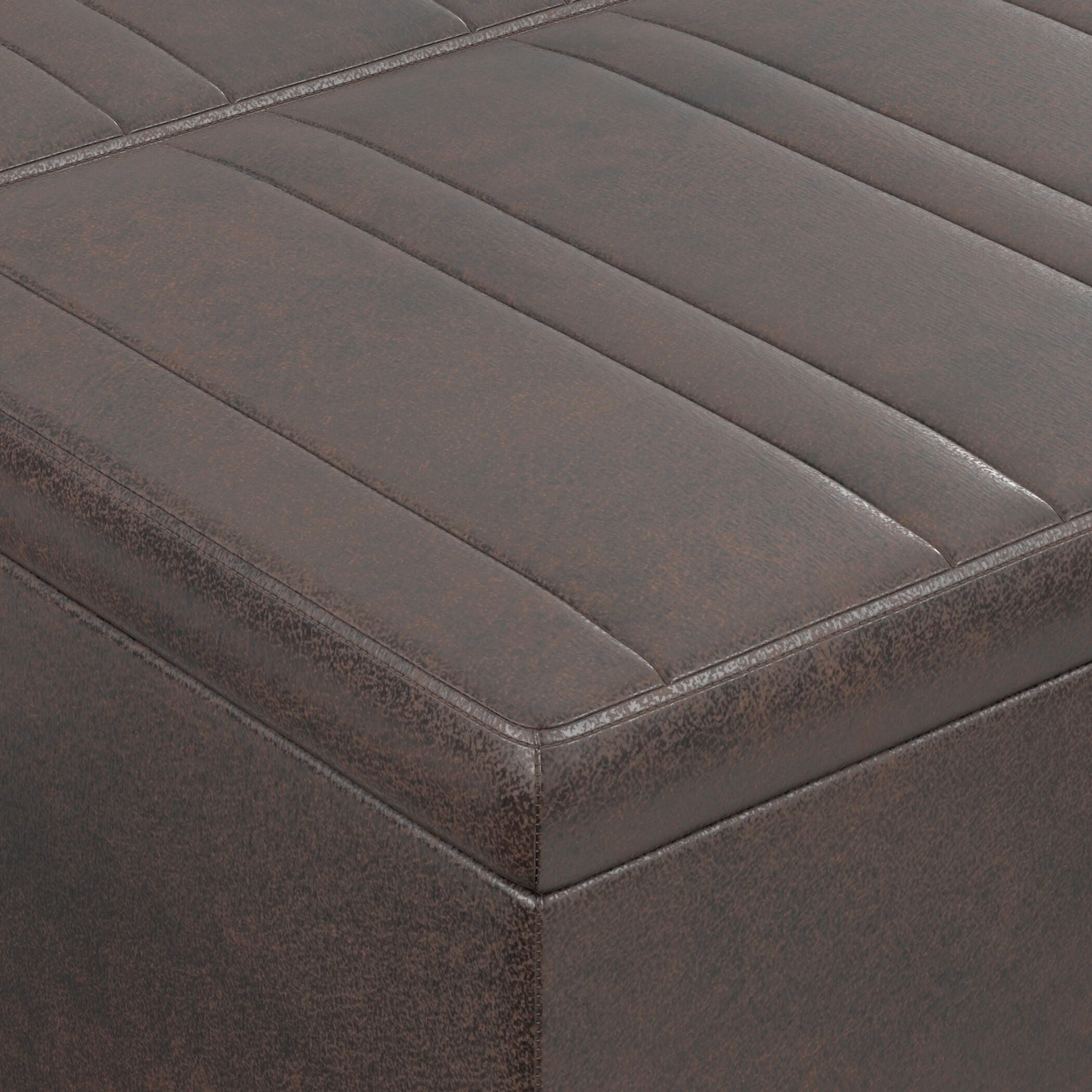 Simpli Home Ellis Faux Leather 36" Square Storage Ottoman, Distressed Brown, large