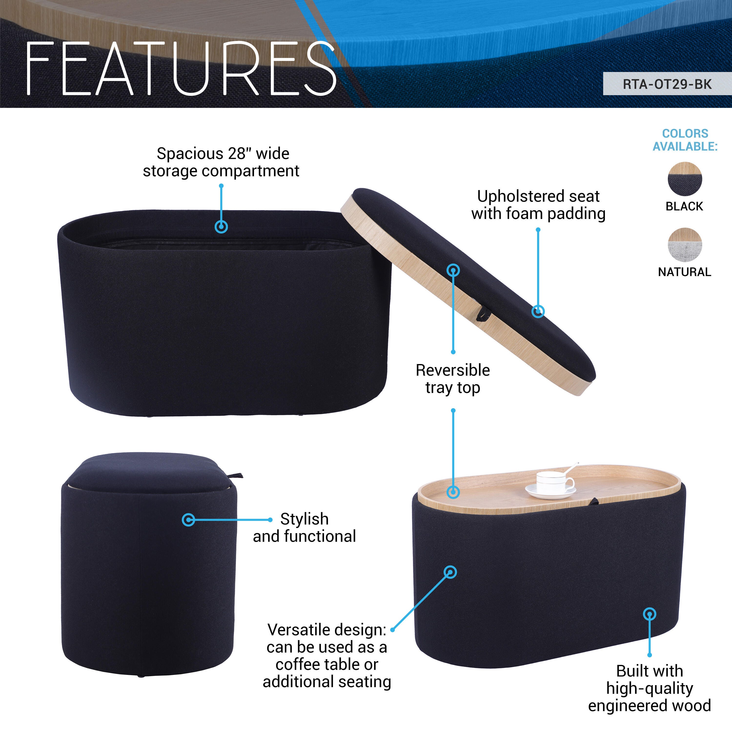 Techni Home Storage Ottoman, Black, large