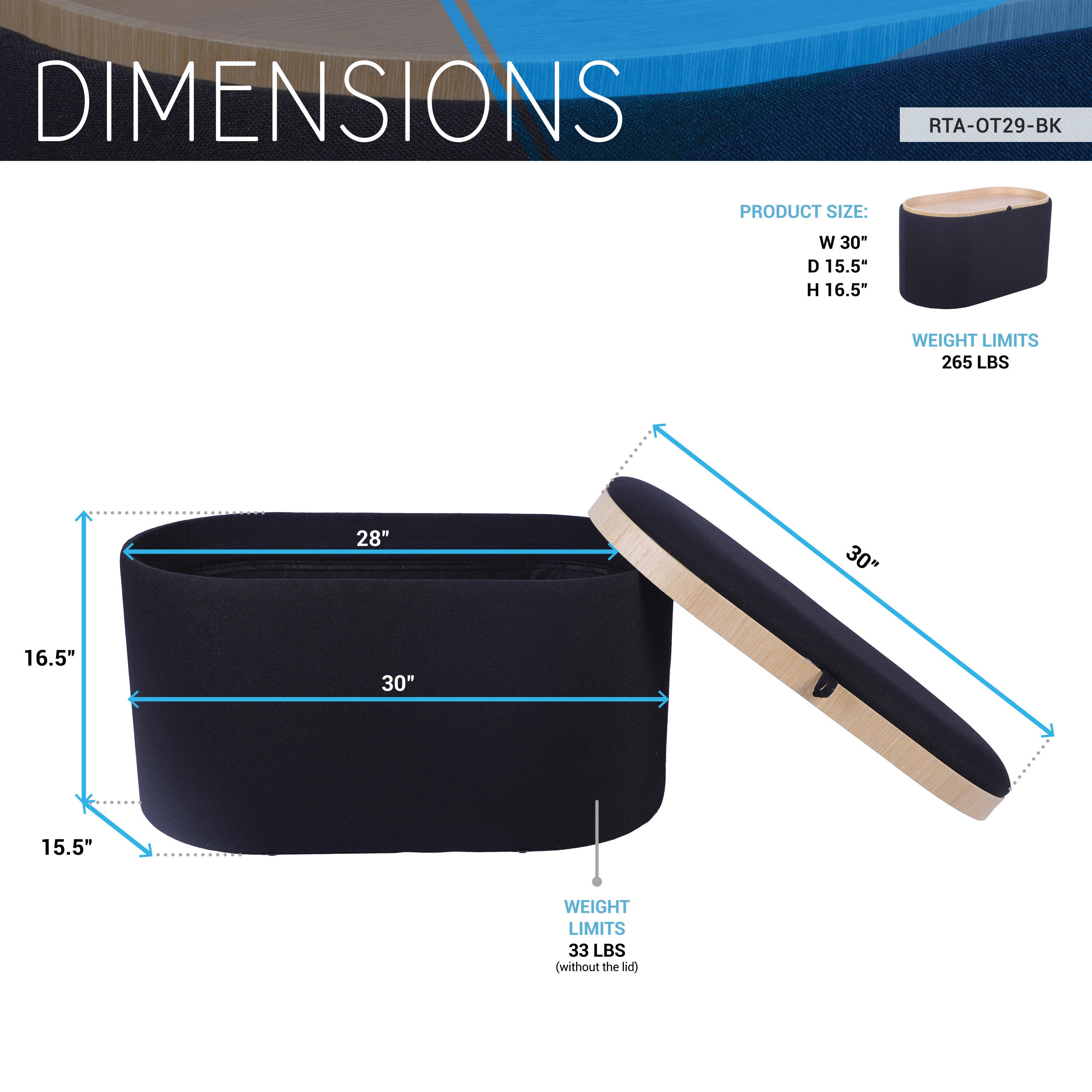 Techni Home Storage Ottoman, Black, large