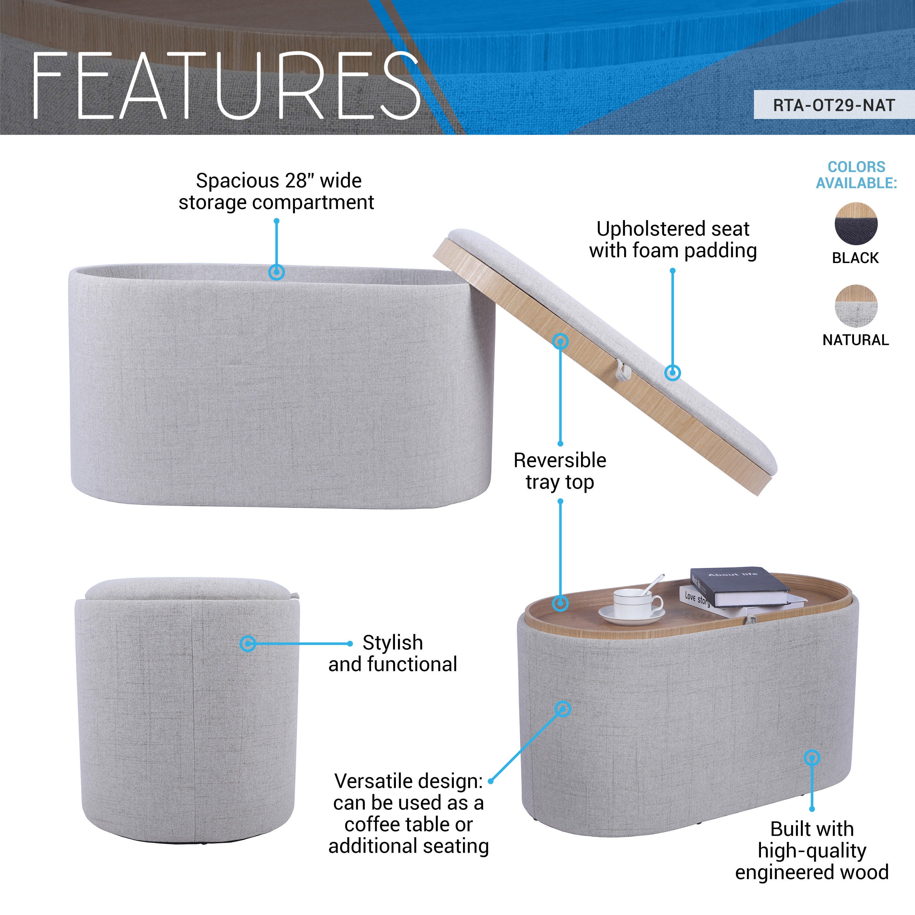 Techni Home Storage Ottoman, Natural, large